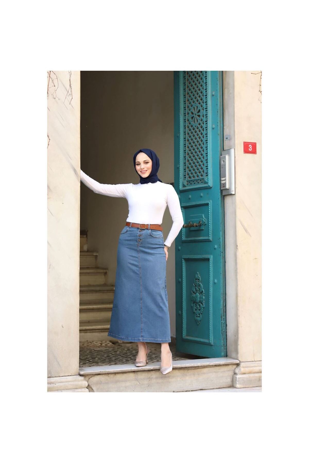 VELLICHOR  Doğal Kumaşlı Kemerli Kot Etek MAVİ - Görsel 7