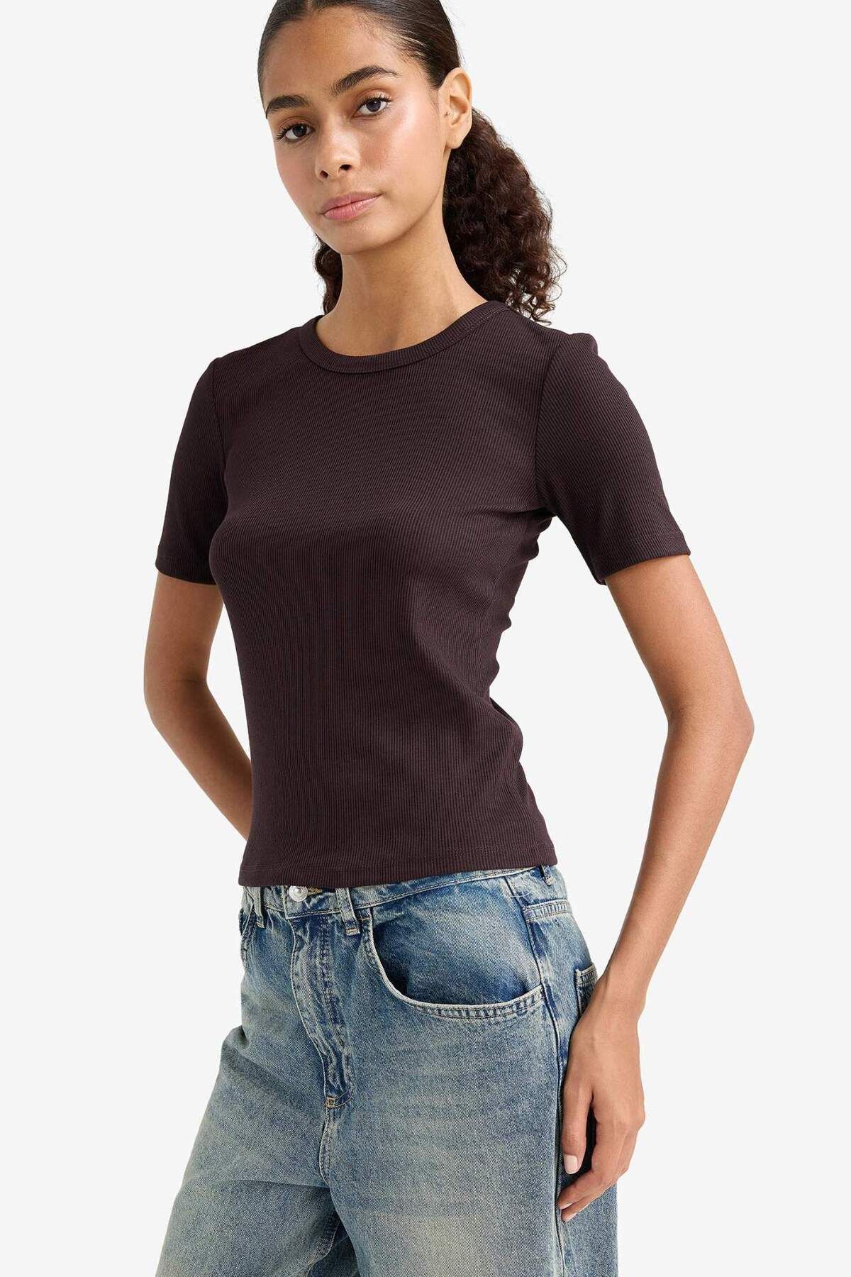 DeFacto-Slim Fit Tight Fit Crew Neck Basic Plain Ribbed Camisole Short Sleeve T-Shirt C0097Ax25Au 5
