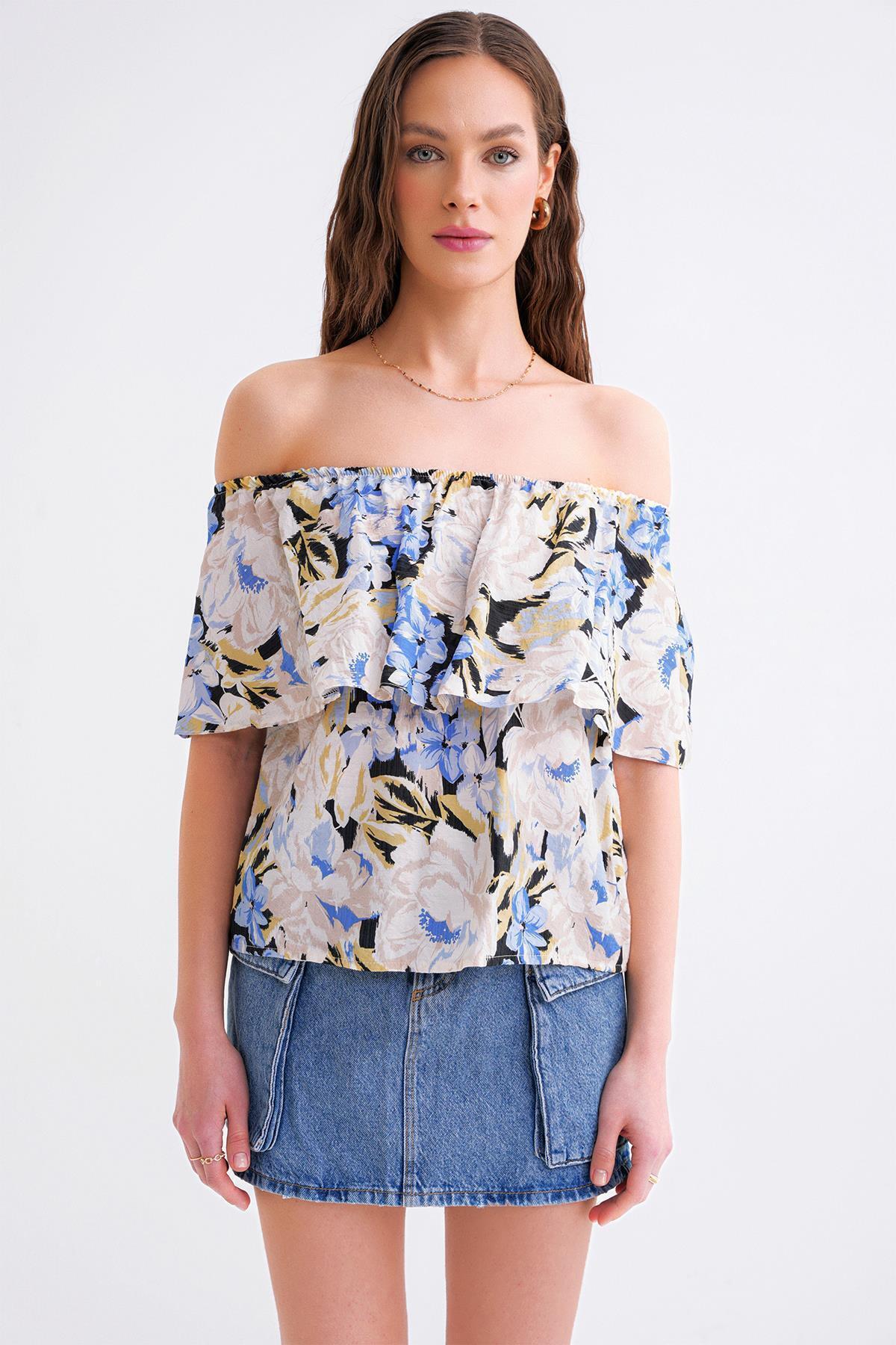 Mixray-4648 Bluză de damă, fără umăr, cu volan, cu imprimeu floral, albastru 5