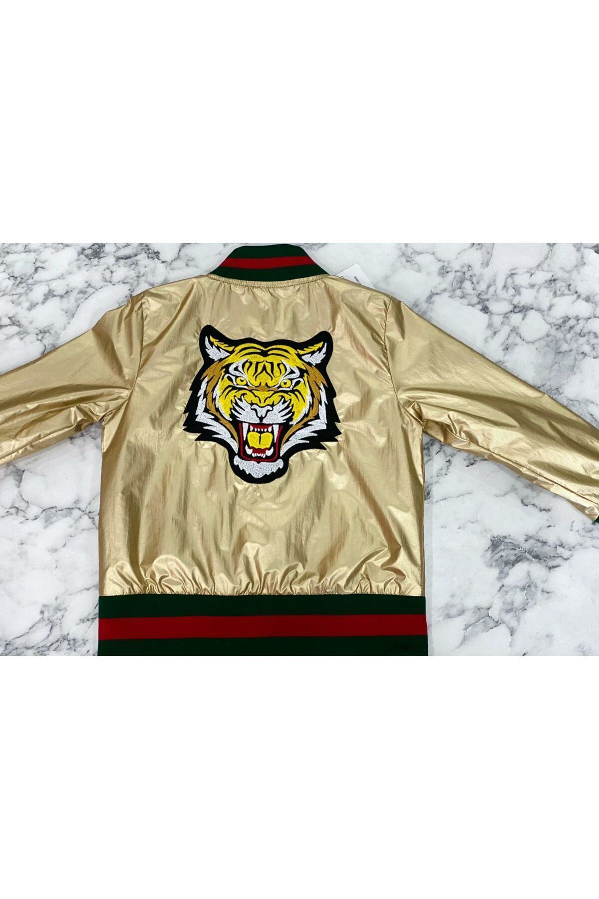 STYLENEST-Unisex Gold Yellow Bomber Jacket with Lion Figure 5