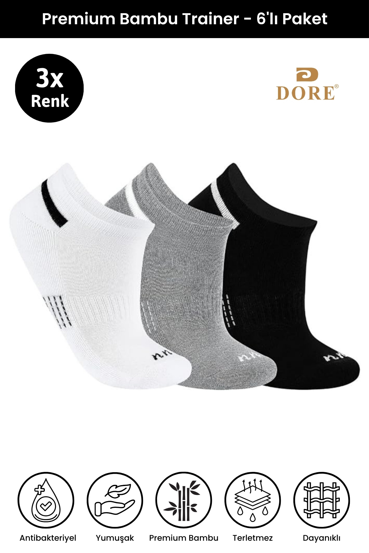 Dore Orijinal Unisex 6 Çift Premium Bambu Trainer Ter Emici Nefes Alan Kısa Spor Çorap - Siyah Beyaz Gri