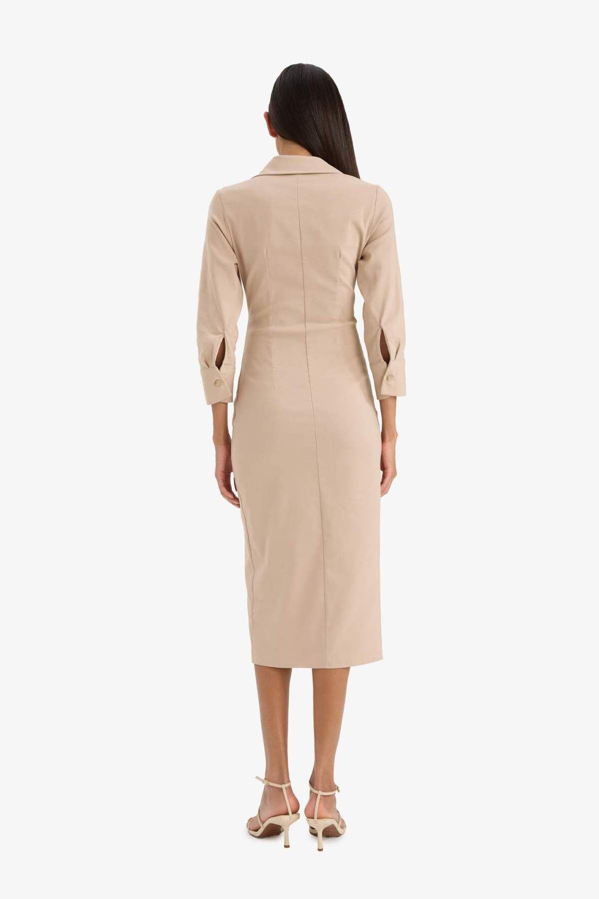 DeFacto-Hemdkragen Basic Plain Buttoned Gathered Waist Bengalin Halbarmkleid D4560ax25sp 6