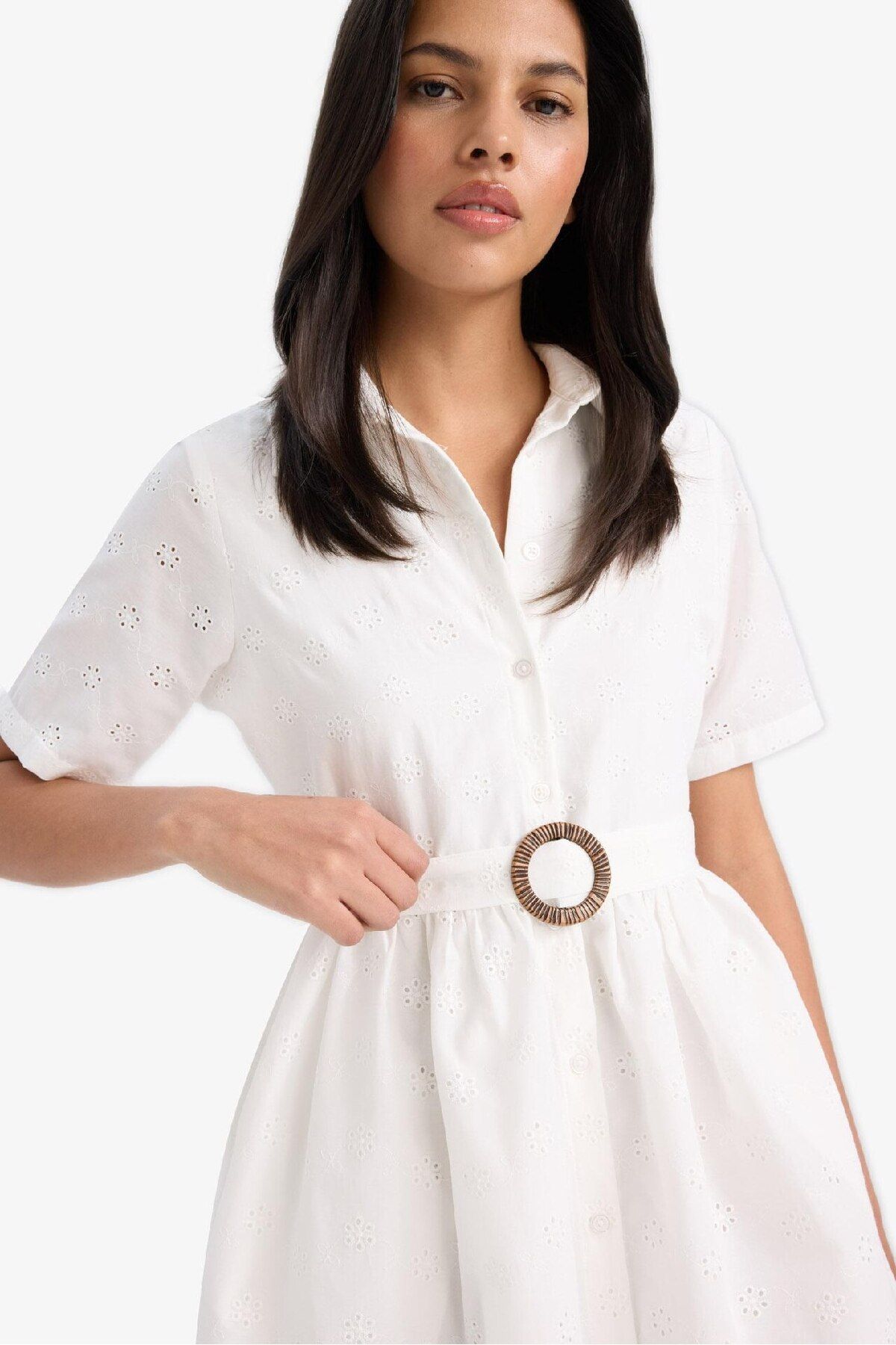 DeFacto-Shirt Collar Belt Brode Short Sleeve Mini Dress F1156Ax25Sp 5