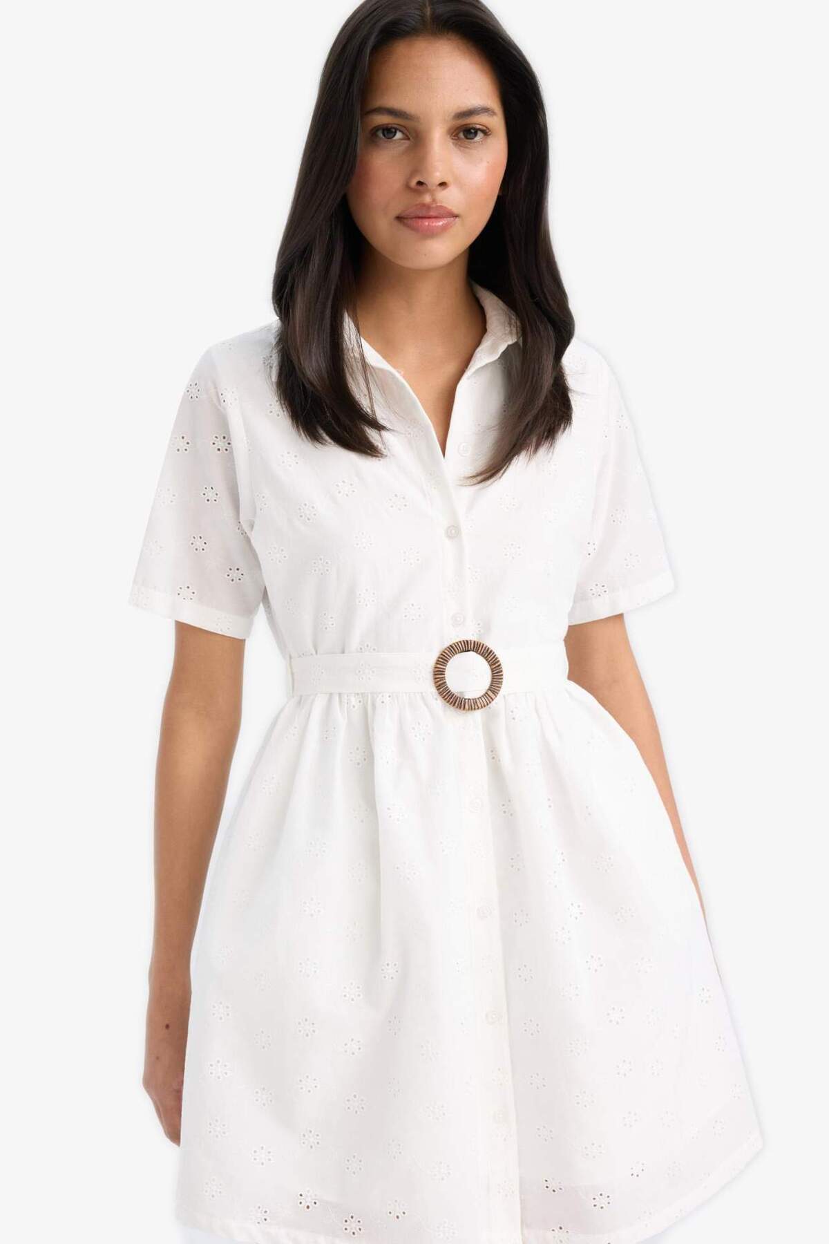 DeFacto-Shirt Collar Belt Brode Short Sleeve Mini Dress F1156Ax25Sp 4