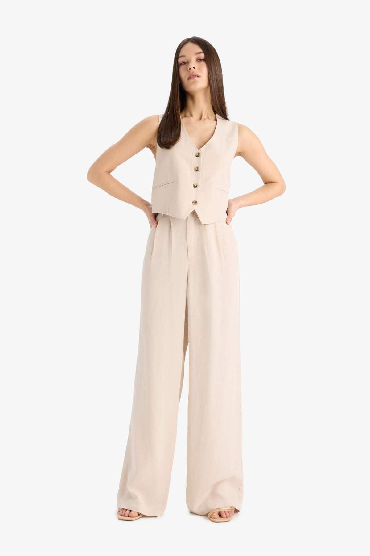 DeFacto-Wide Leg Linen Blend Pants Regular Waist Wide Leg with Pockets Zipper Standard Size E6210Ax25Sp 2