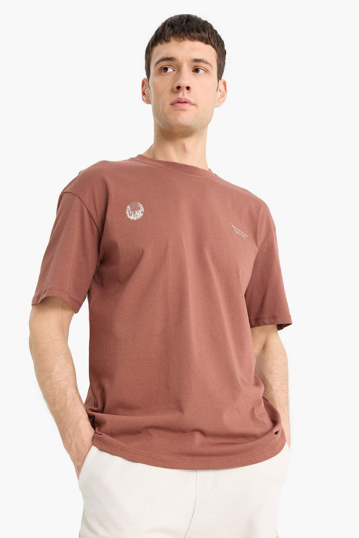 DeFacto-100% Cotton Boxy Fit Crew Neck Back Printed Short Sleeve T-Shirt E1698Ax25Sm 6