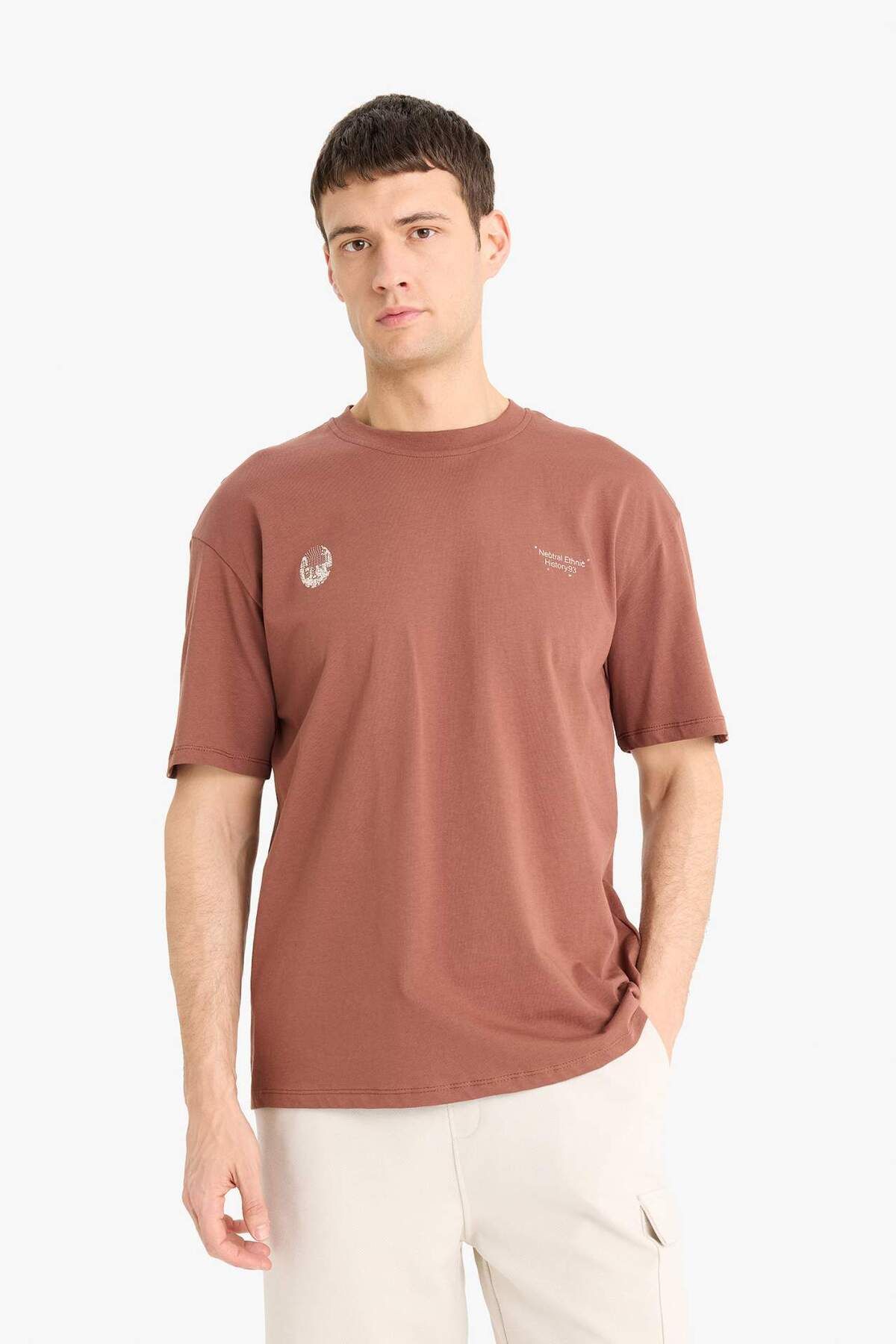 DeFacto-100% Cotton Boxy Fit Crew Neck Back Printed Short Sleeve T-Shirt E1698Ax25Sm 4