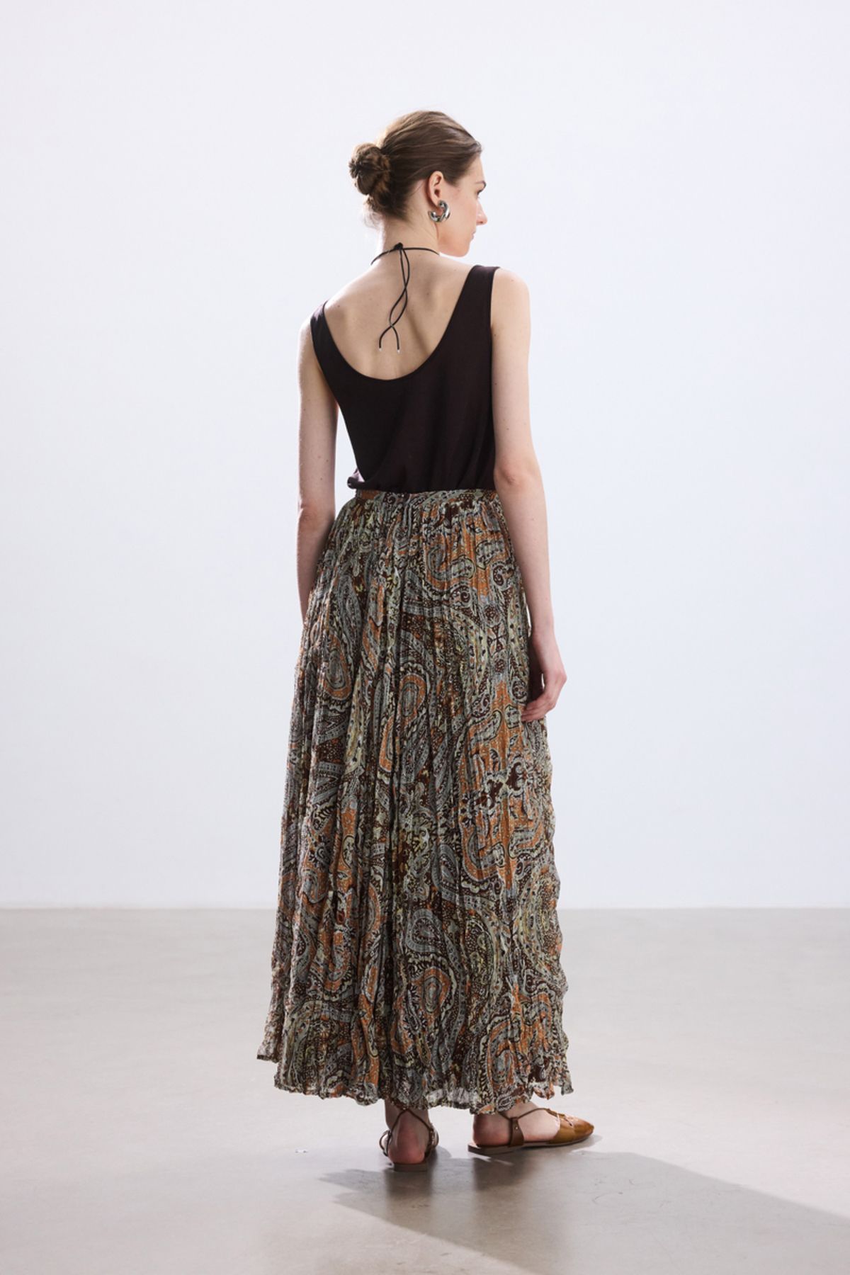 BE BLUE-Brown Boho Patterned Skirt with Crash 6