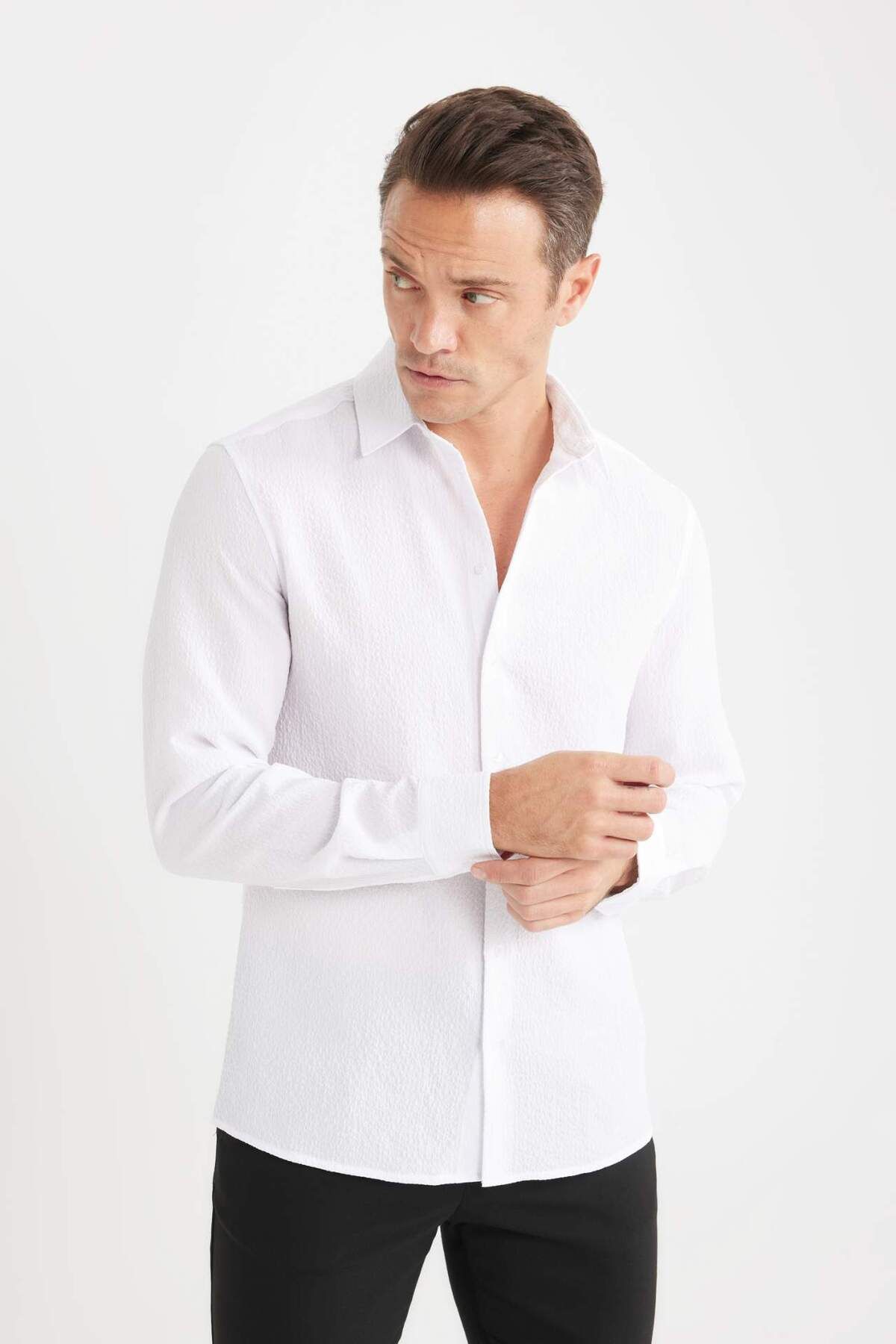 DeFacto-Modern Fit Polo Collar Textured Stretch Fabric Long Sleeve Shirt D7246Ax25Sp 5
