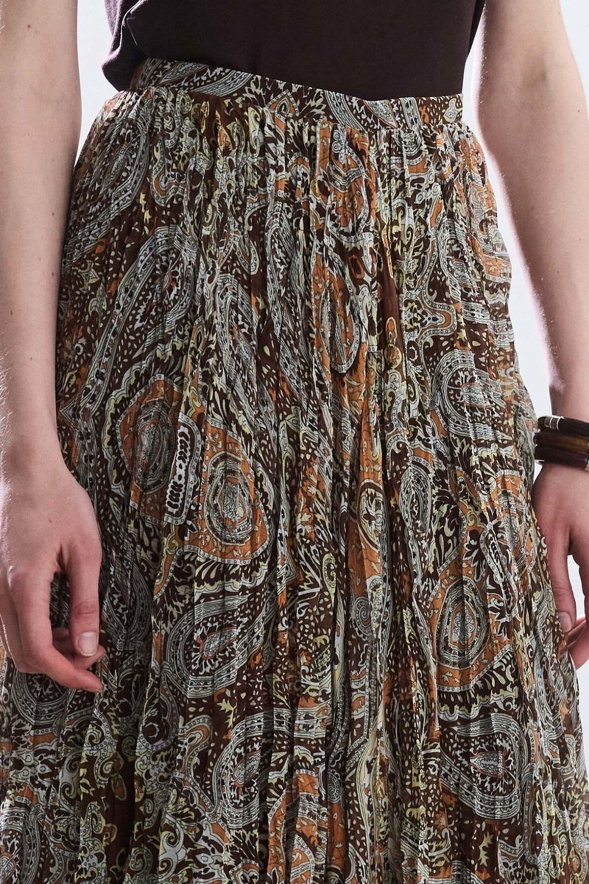 BE BLUE-Brown Boho Patterned Skirt with Crash 4