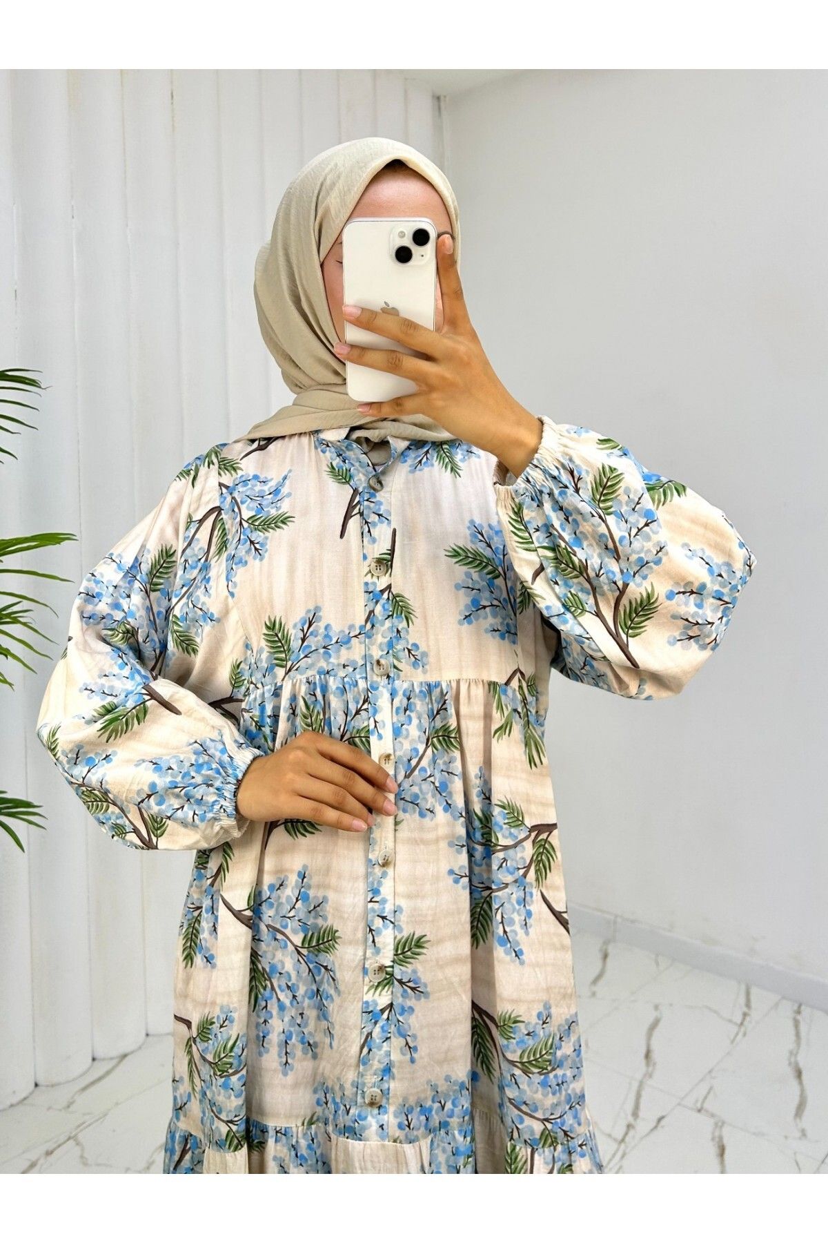 Modamorfo-Patterned Modal Dress with Elastic Sleeves and Half Buttons - Blue 2