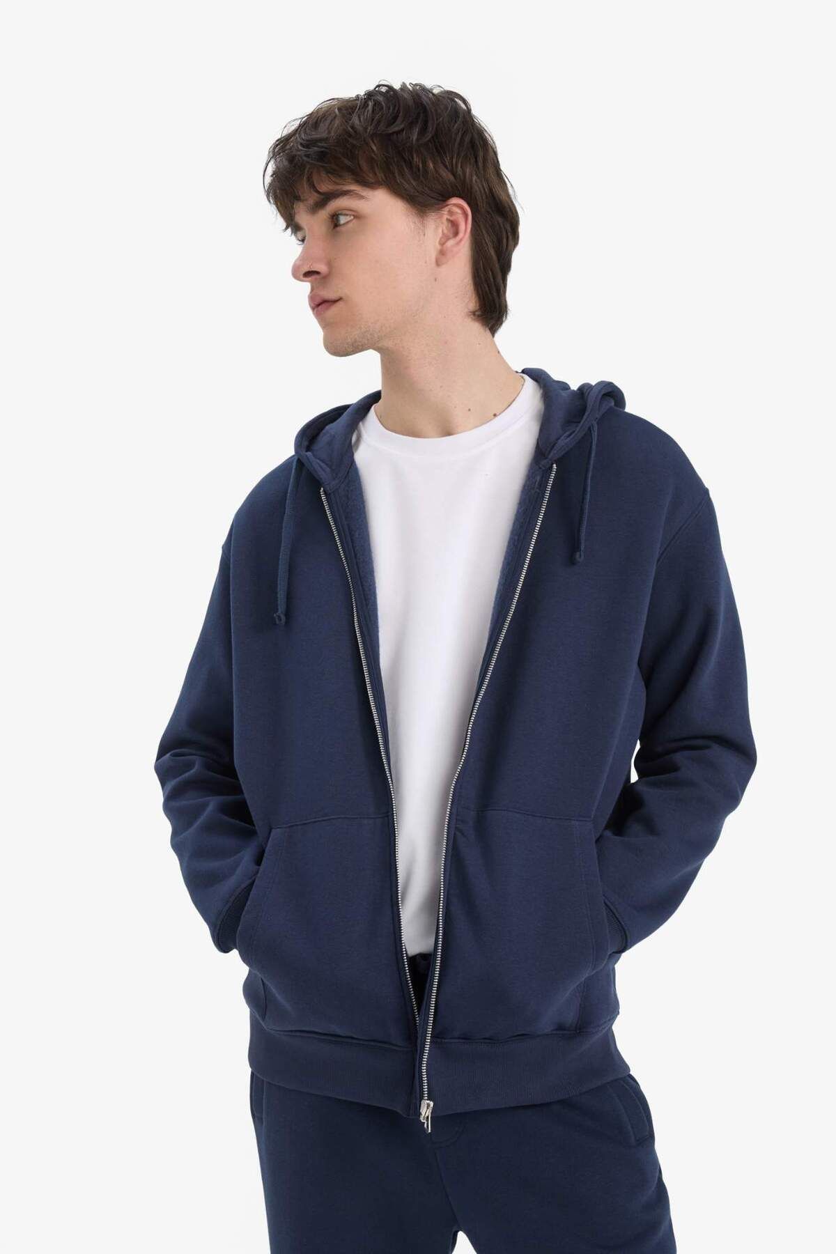 DeFacto-Comfort Fit Kapuzenpullover mit weichem, flauschigem Basic-Sweatshirt mit geradem, dickem Reißverschluss D7599AX25SP 3