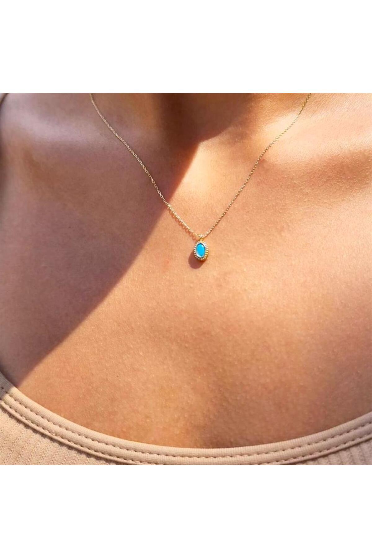FasekGold Gümüş Kolye - 0.90 CT Turkuaz (Firuze) Taşlı Güverseli Sade Minimal Tasarım Hediyelik Gümüş Kolye görsel 2