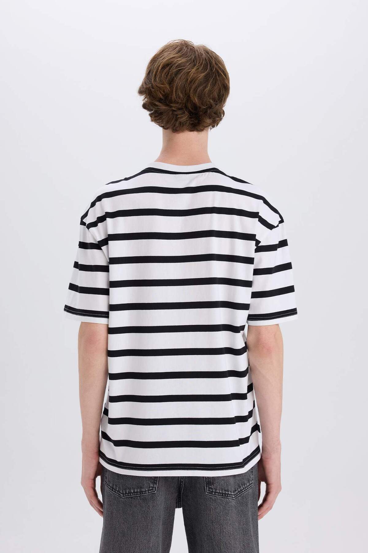 DeFacto-100% Cotton Boxy Fit Crew Neck Striped Short Sleeve T-Shirt E1160Ax25Sm 6