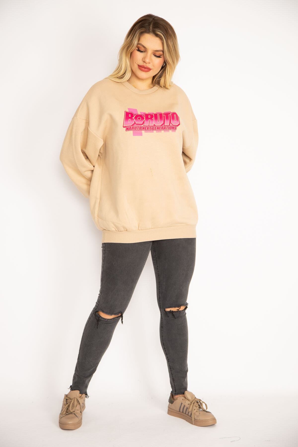 Women's Plus Size Camel Raised 3 Thread Fabric Sweatshirt 65n35086