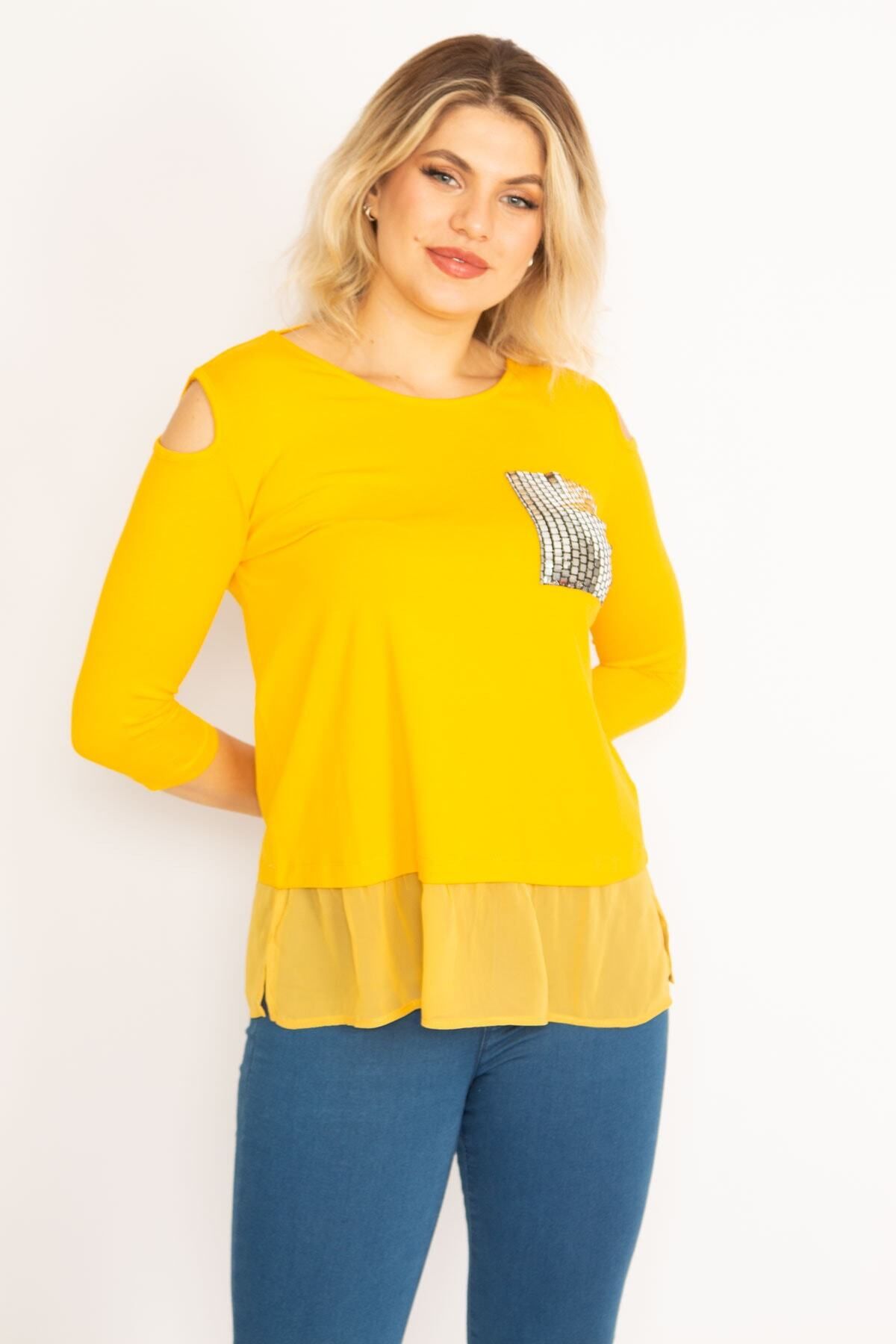 Şans-Women's Large Size Yellow Shoulder Low-cut Stone Detailed Skirt Tip Chiffon 65n32048 7