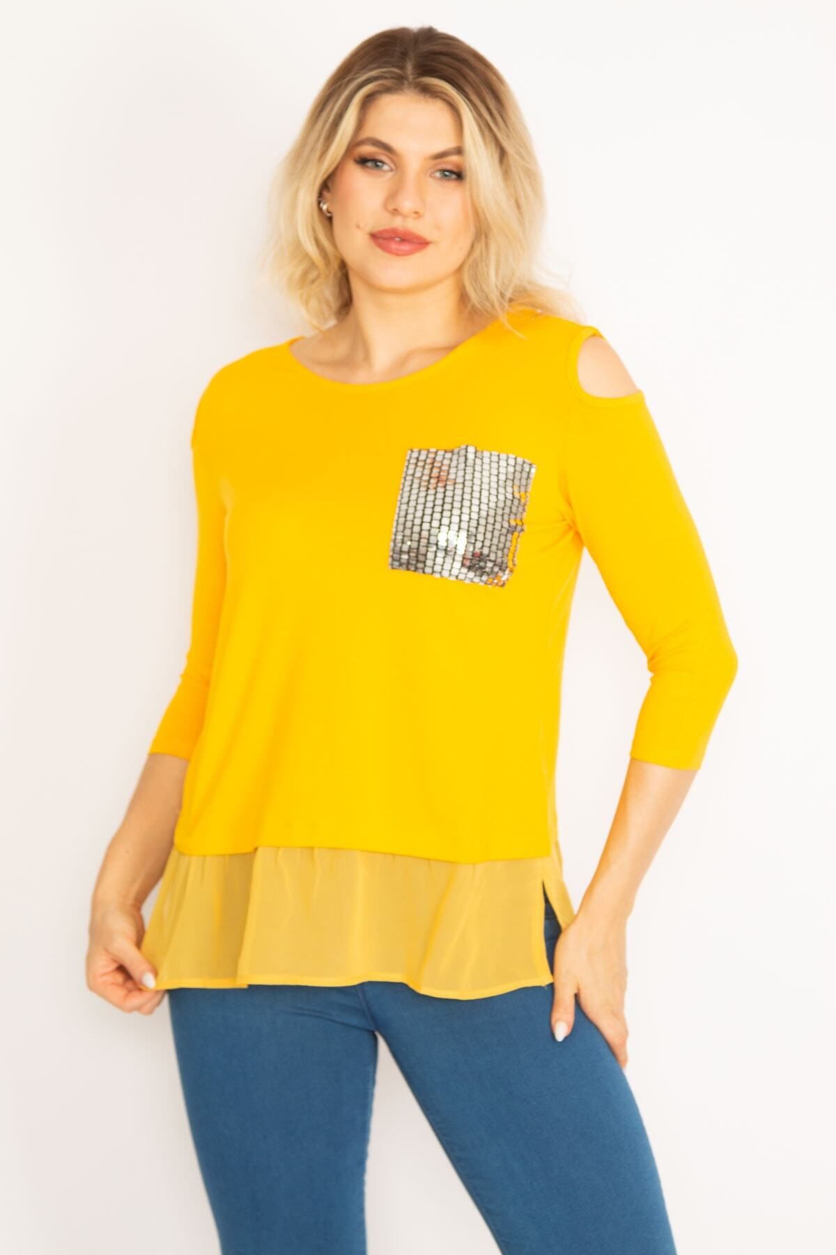Şans-Women's Large Size Yellow Shoulder Low-cut Stone Detailed Skirt Tip Chiffon 65n32048 6