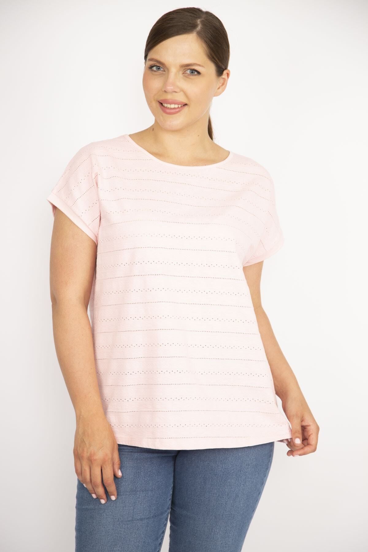 Şans-Women's Pink Large Size Cotton Fabric Self Patterned Low Sleeve Blouse 65n36630 6