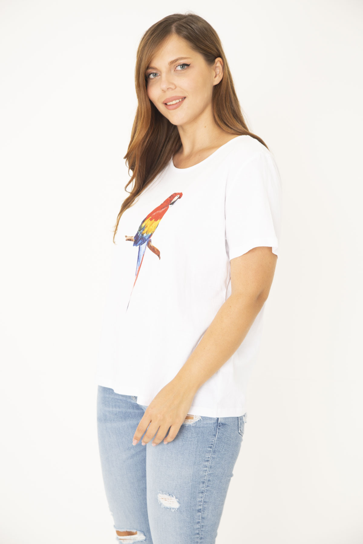 Şans-Women's Plus Size White Cotton Fabric Front Printed Blouse 65n36938 5