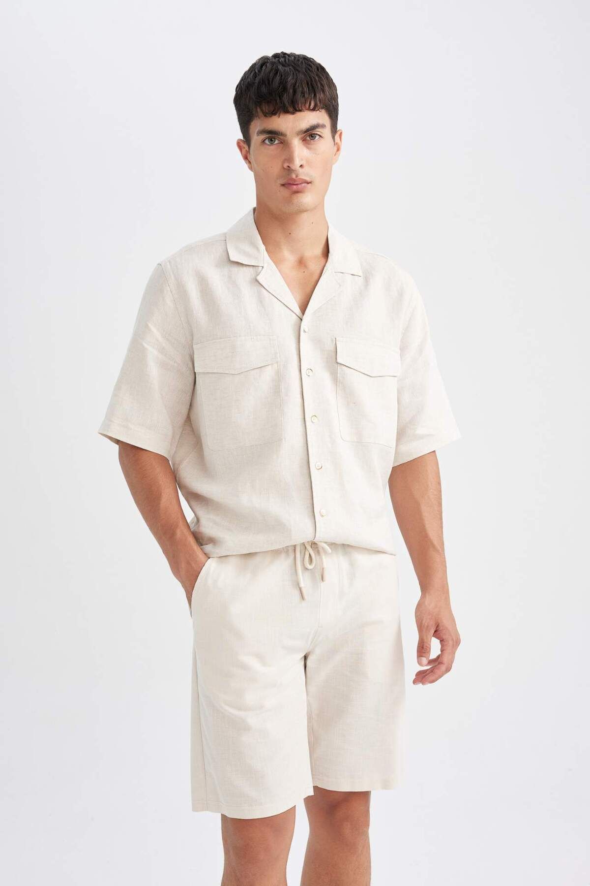 DeFacto-Pantaloni scurți texturați cu șireturi în talie 100% bumbac D9339AX24SM 2