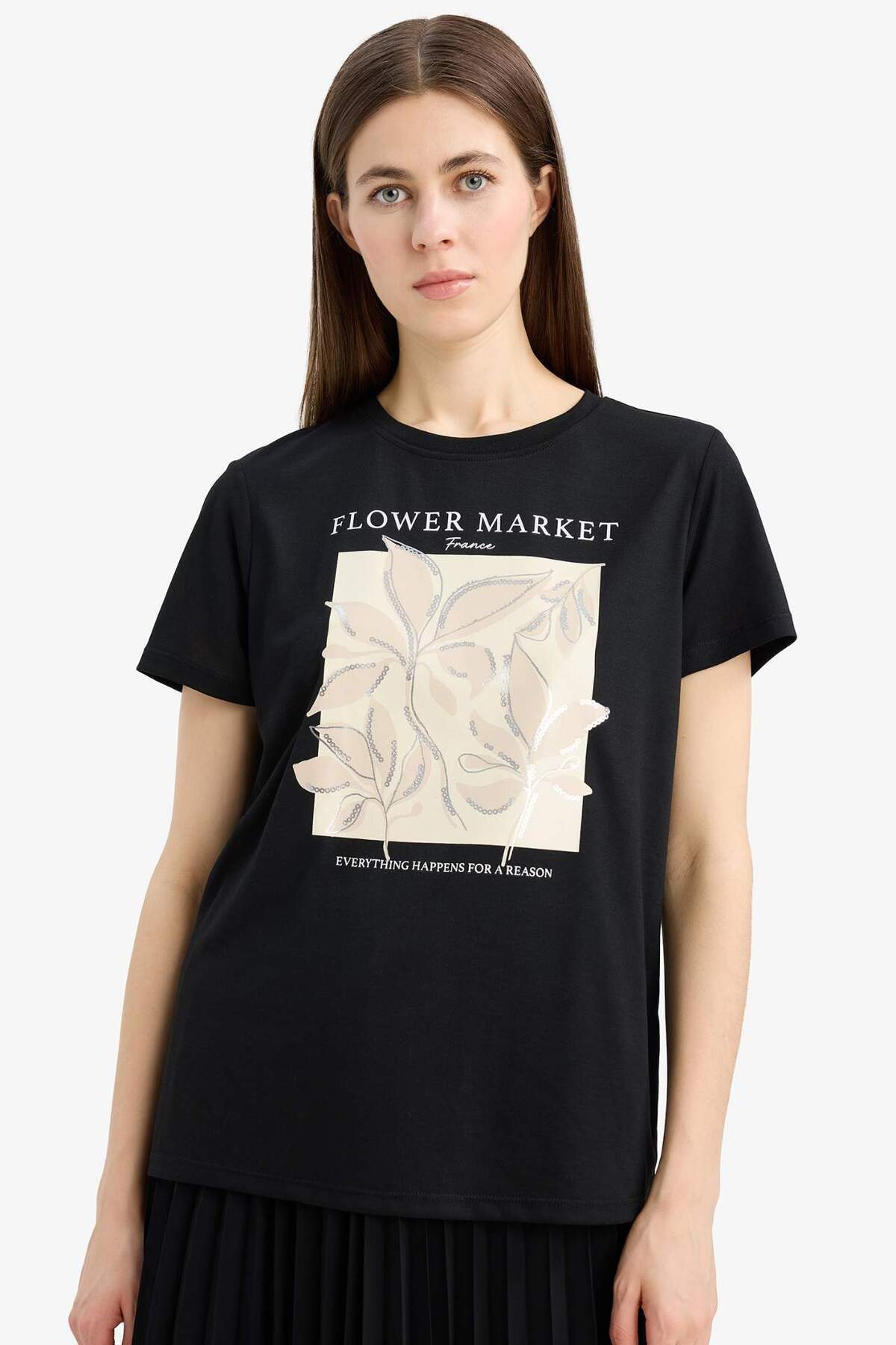 Defacto Regular Fit Crew Neck Flower Printed Short Sleeve T-Shirt E5144Ax25Sm