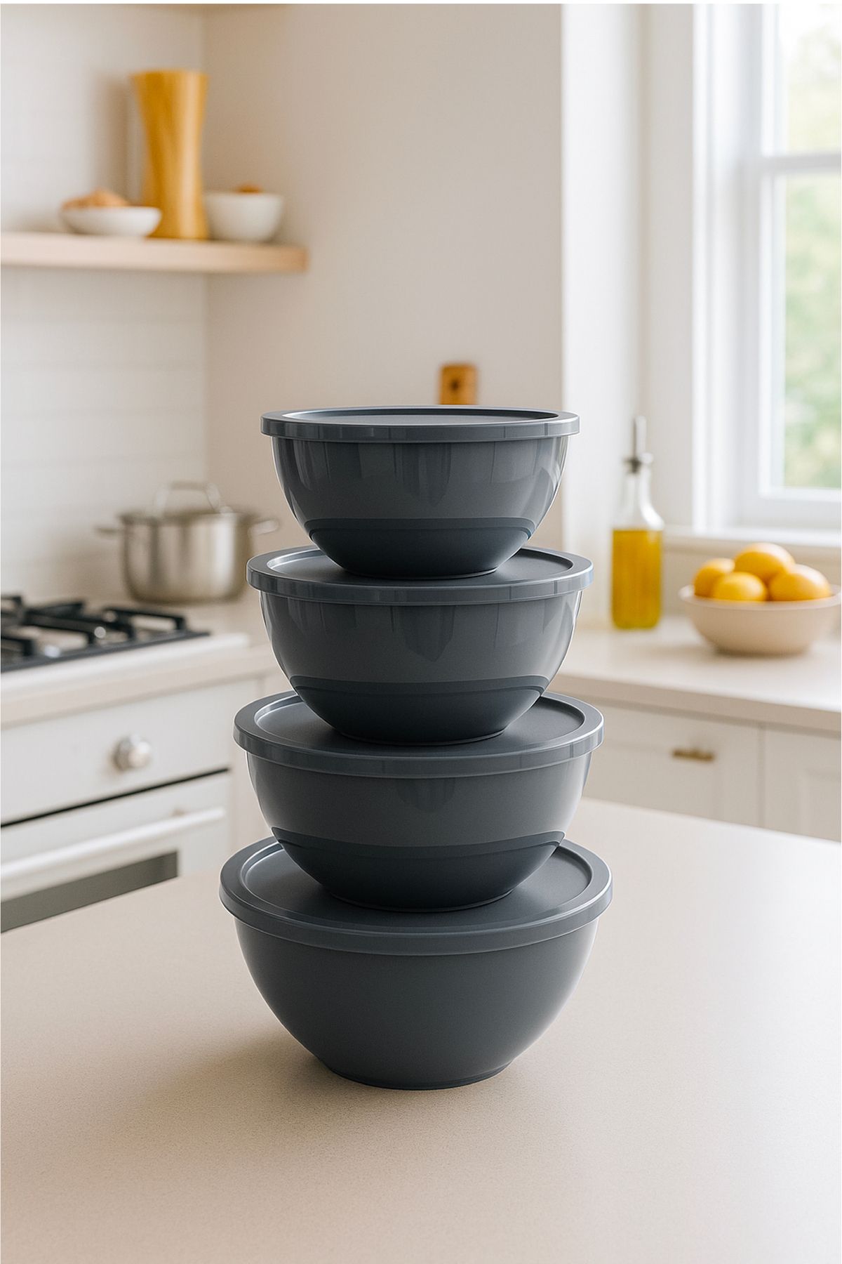Vienev-Set of 4 Round Bowls Anthracite |   1L, 1.5L, 2.3L, 3.3L |   Multi-Purpose Kitchen Storage Container with Lid 3