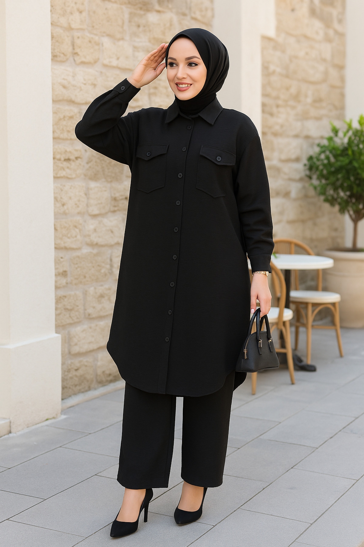 Neva Style-بدلة حجاب سوداء بأزرار 44661S 1