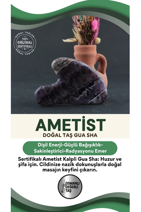OSMANLI DEĞERLİ TAŞ Sertifikalı Ametist Doğal Taşı Kalpli Gua Sha Masaj Taşı