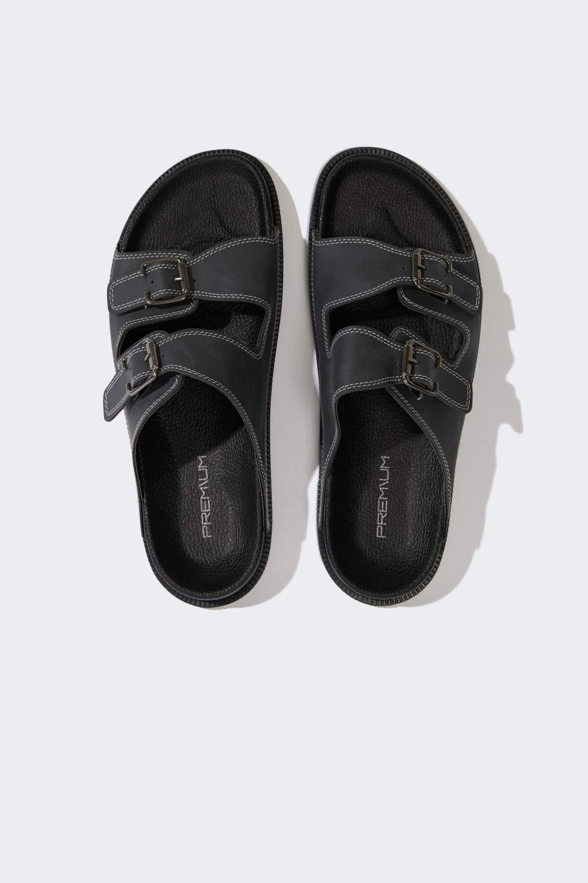DeFacto-Men's Flat Sole Double Banded Faux Leather Slippers E6251Ax25Hs 6