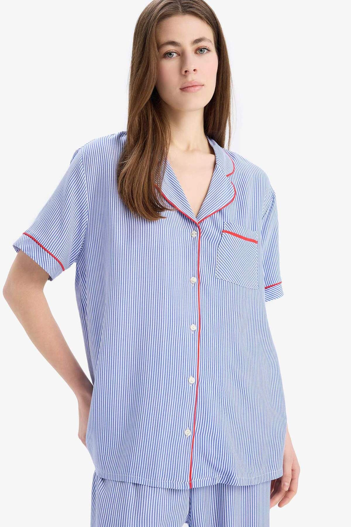 DeFacto-Pajama Sets Viscose Short Sleeve Top Flexible Waisted Long Bottom-Fall in Love E7651Ax25Sp 4