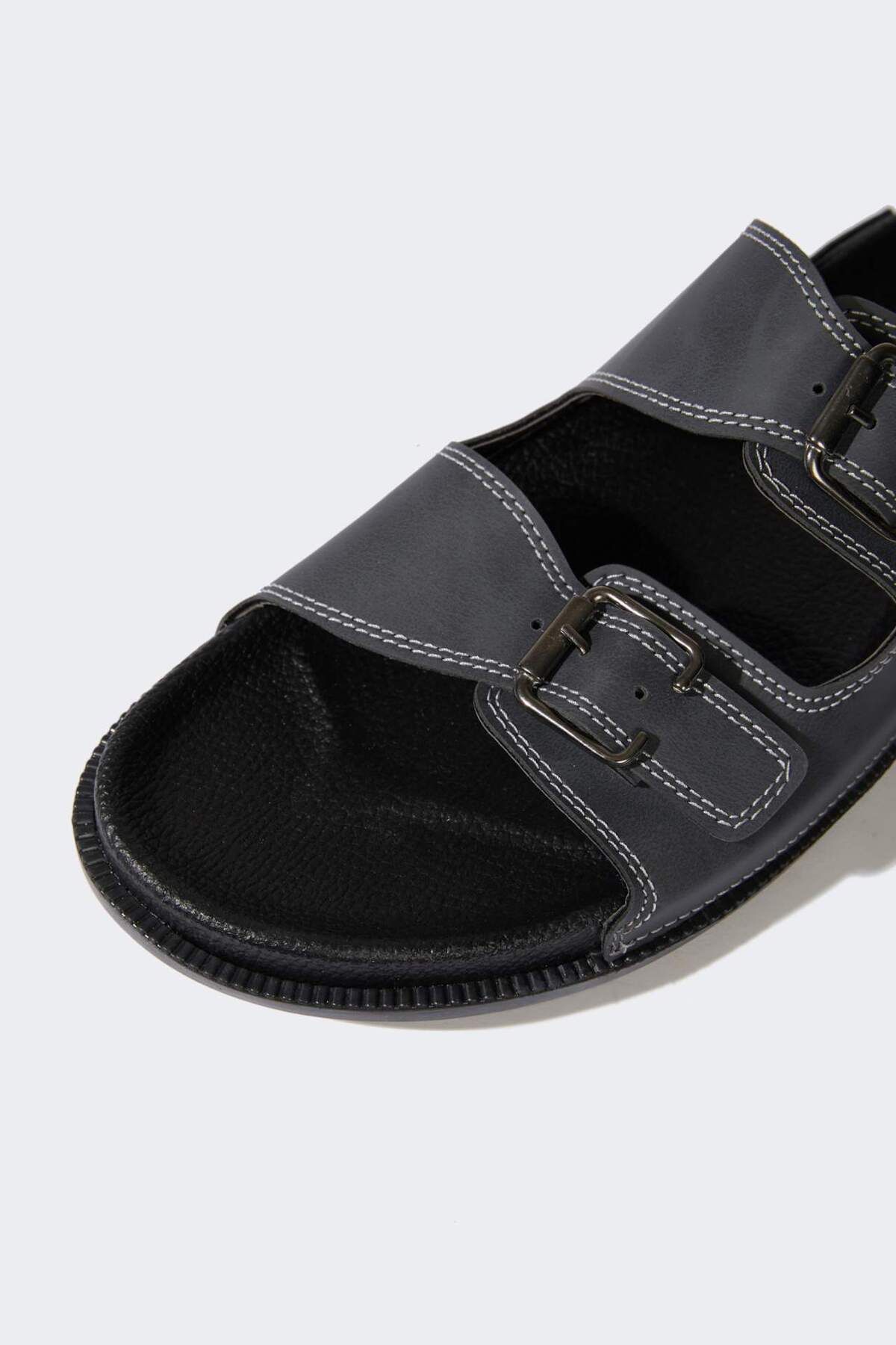 DeFacto-Men's Flat Sole Double Banded Faux Leather Slippers E6251Ax25Hs 5