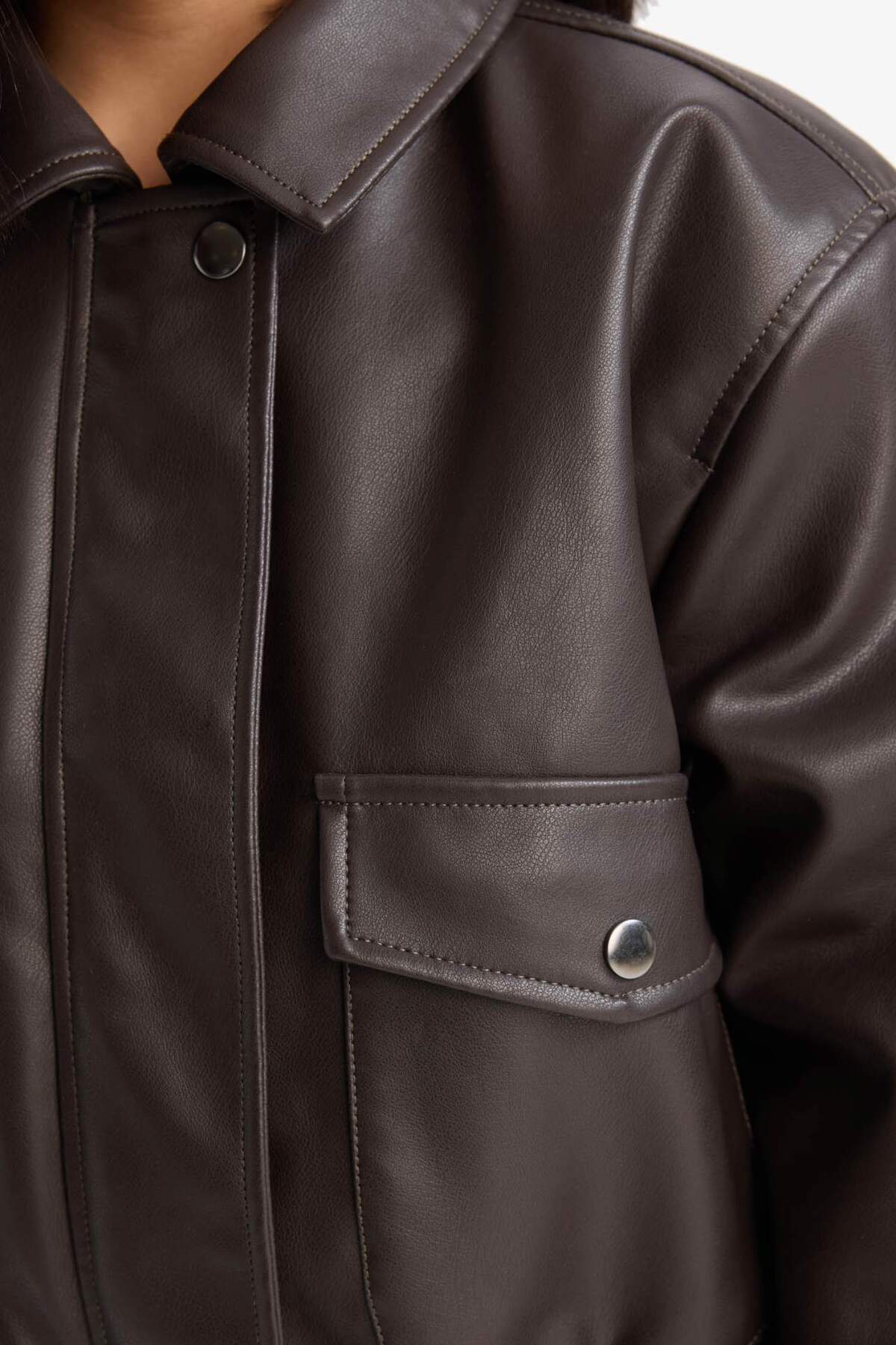 DeFacto-Girls Water Repellent Zippered Double Pocket Faux Leather Coat Jacket D6925A825Sp 6