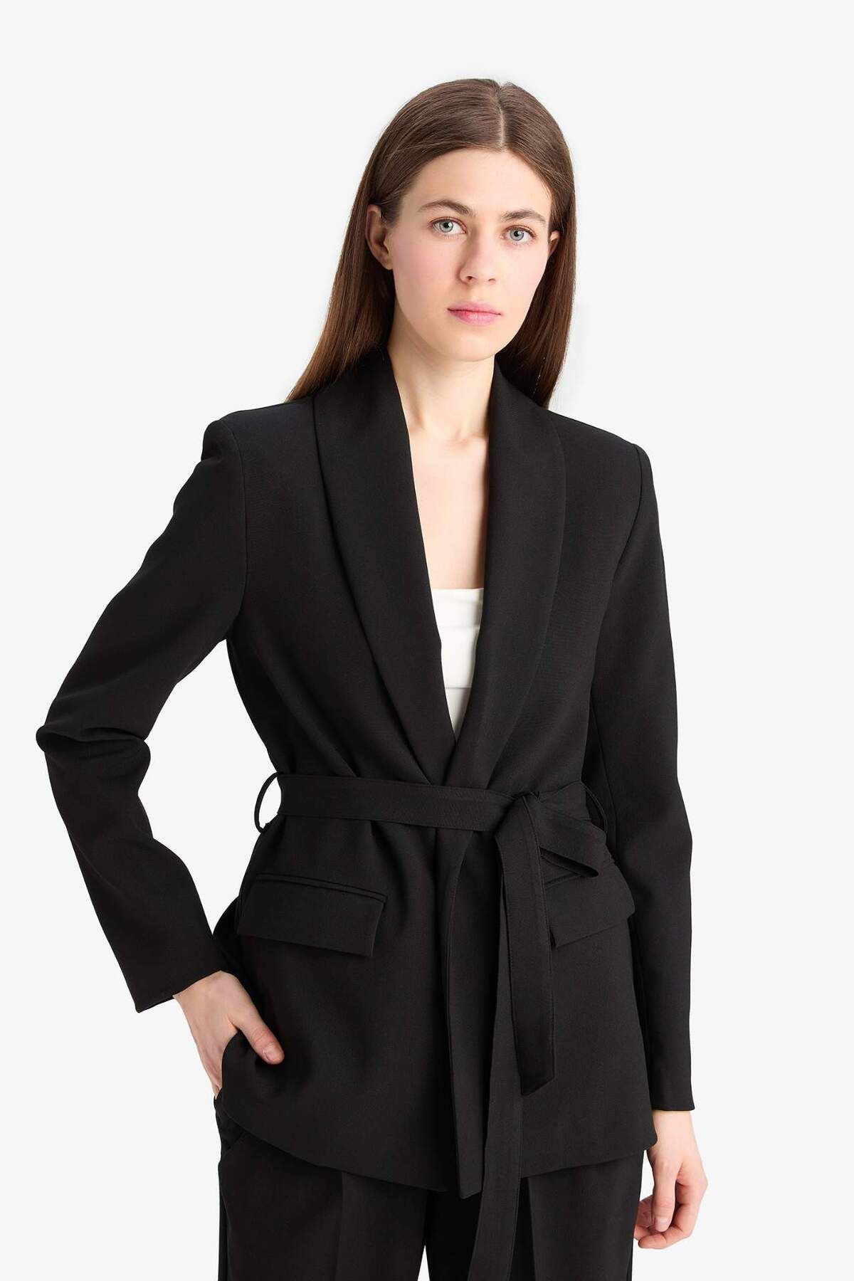 DeFacto-Regular Fit Belted Basic Plain Blazer Jacket E7346Ax25Sp 6
