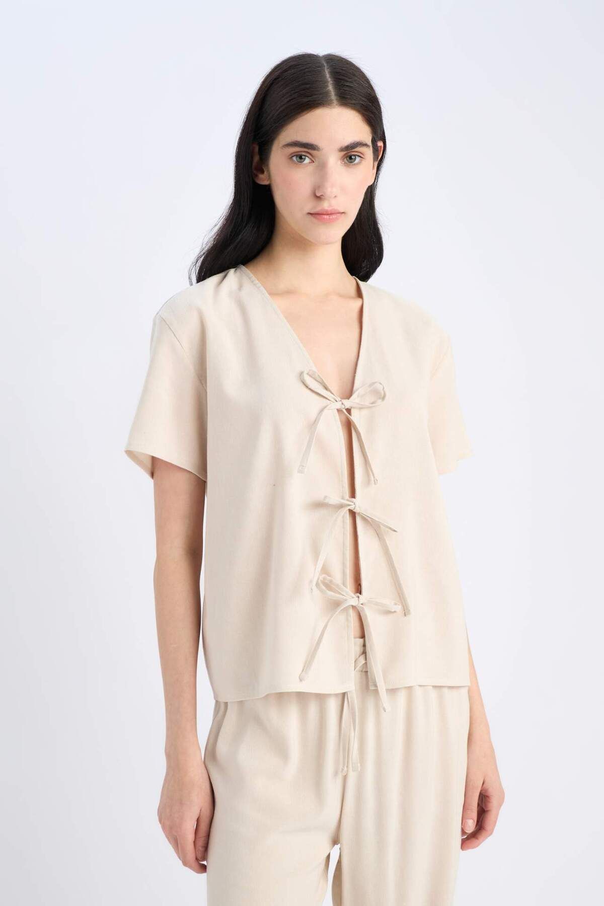 DeFacto-Pajama Set Linen Short Sleeve Top Stretchy Waisted Bottom-Fall in Love E3571Ax25Sp 4