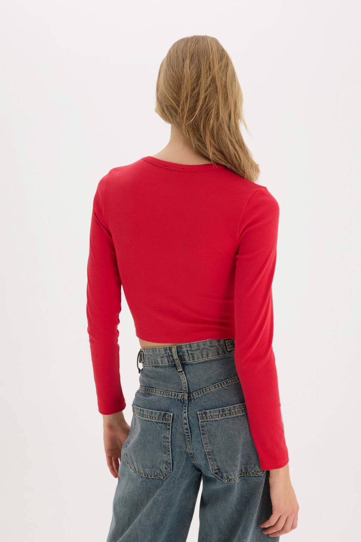 DeFacto-Cool Fitted Basic Einfarbig Rib Langarm-T-Shirt in Rot E7797AX25SP 5