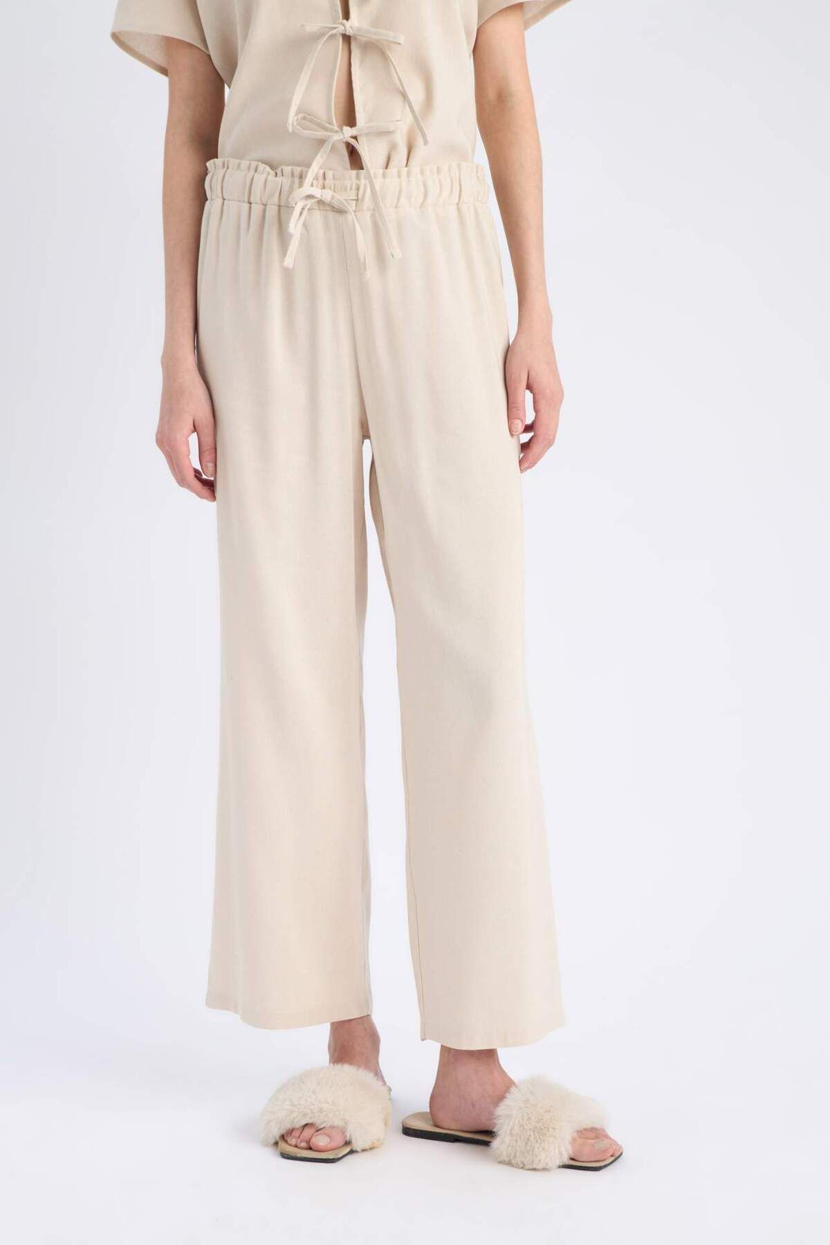DeFacto-Pajama Set Linen Short Sleeve Top Stretchy Waisted Bottom-Fall in Love E3571Ax25Sp 6