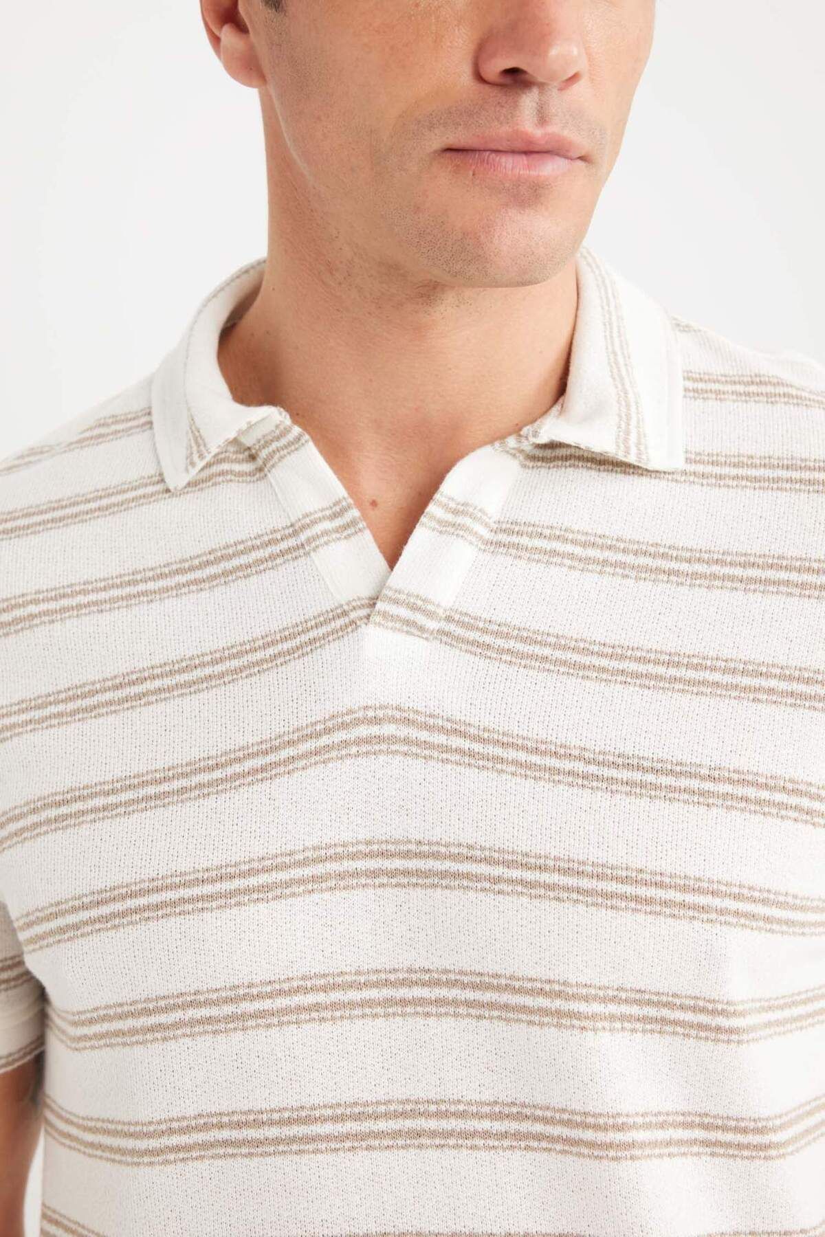 DeFacto-Regular Fit Polo Neck Striped Short Sleeve Knitwear Look T-Shirt D7941Ax25Sp 4
