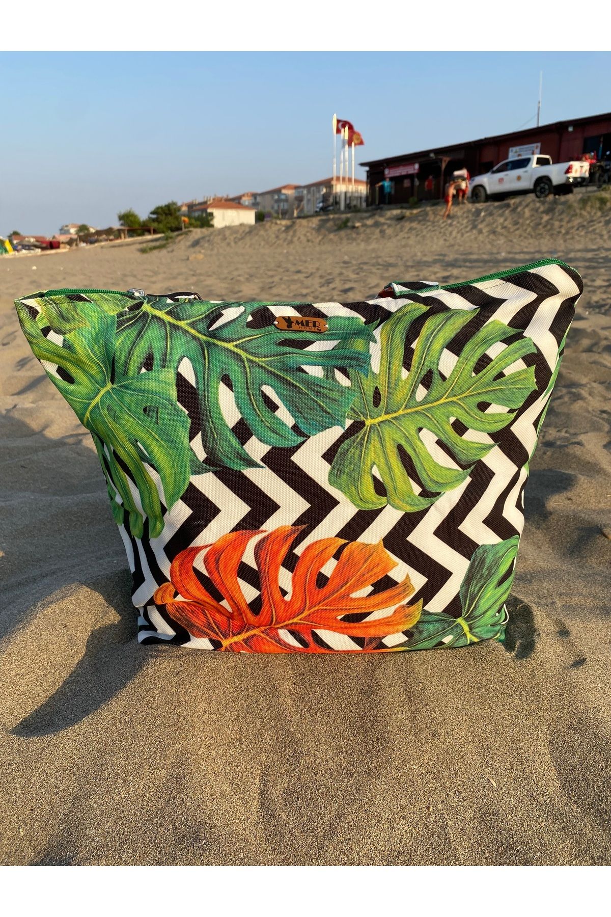 MER HOME-Devetabani Zigzag Patterned Zippered Lined Beach Bag Daily Shoulder Bag 2
