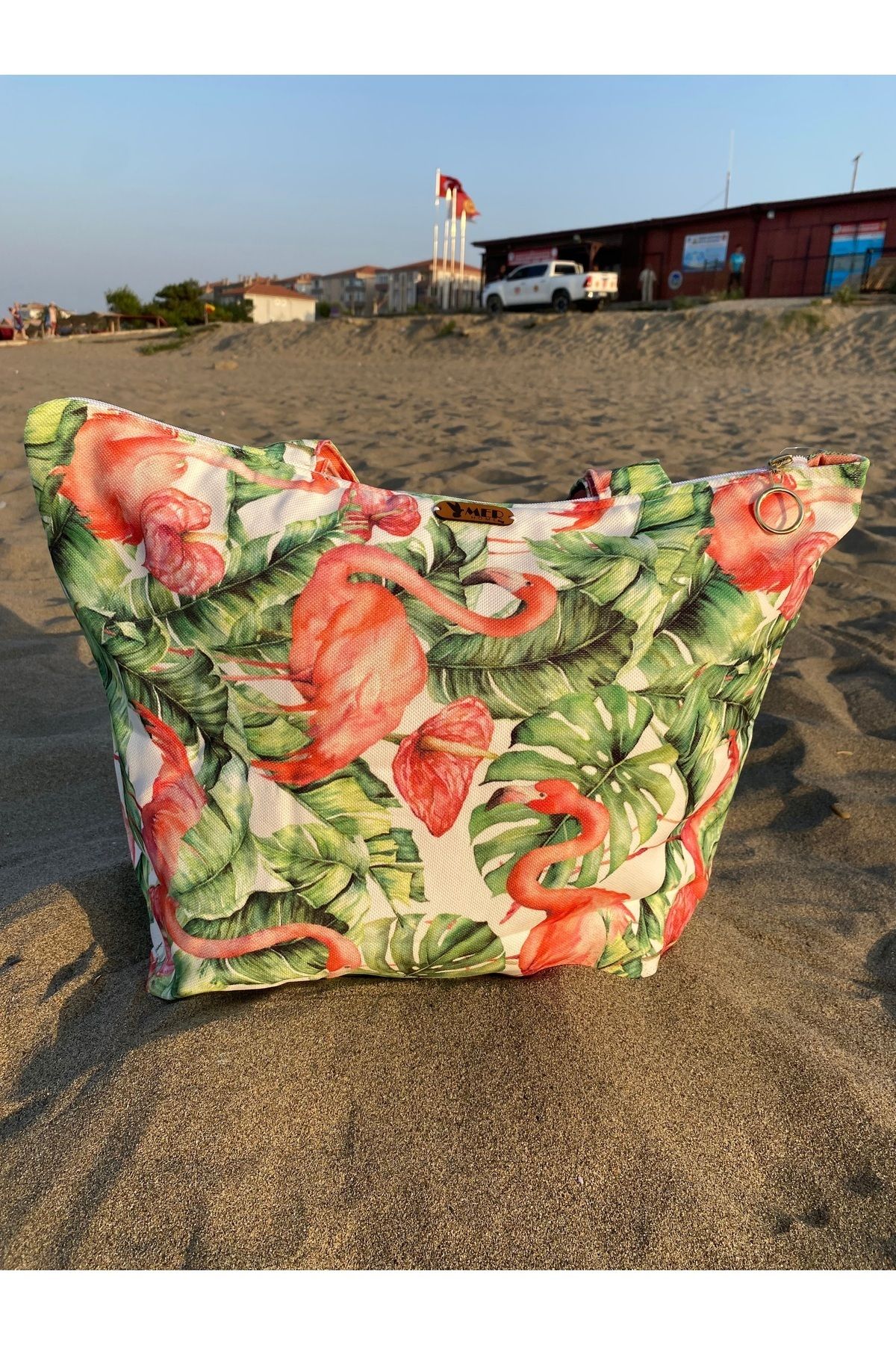 MER HOME-Flamingo Patterned Zippered Lined Beach Bag Daily Shoulder Bag 4