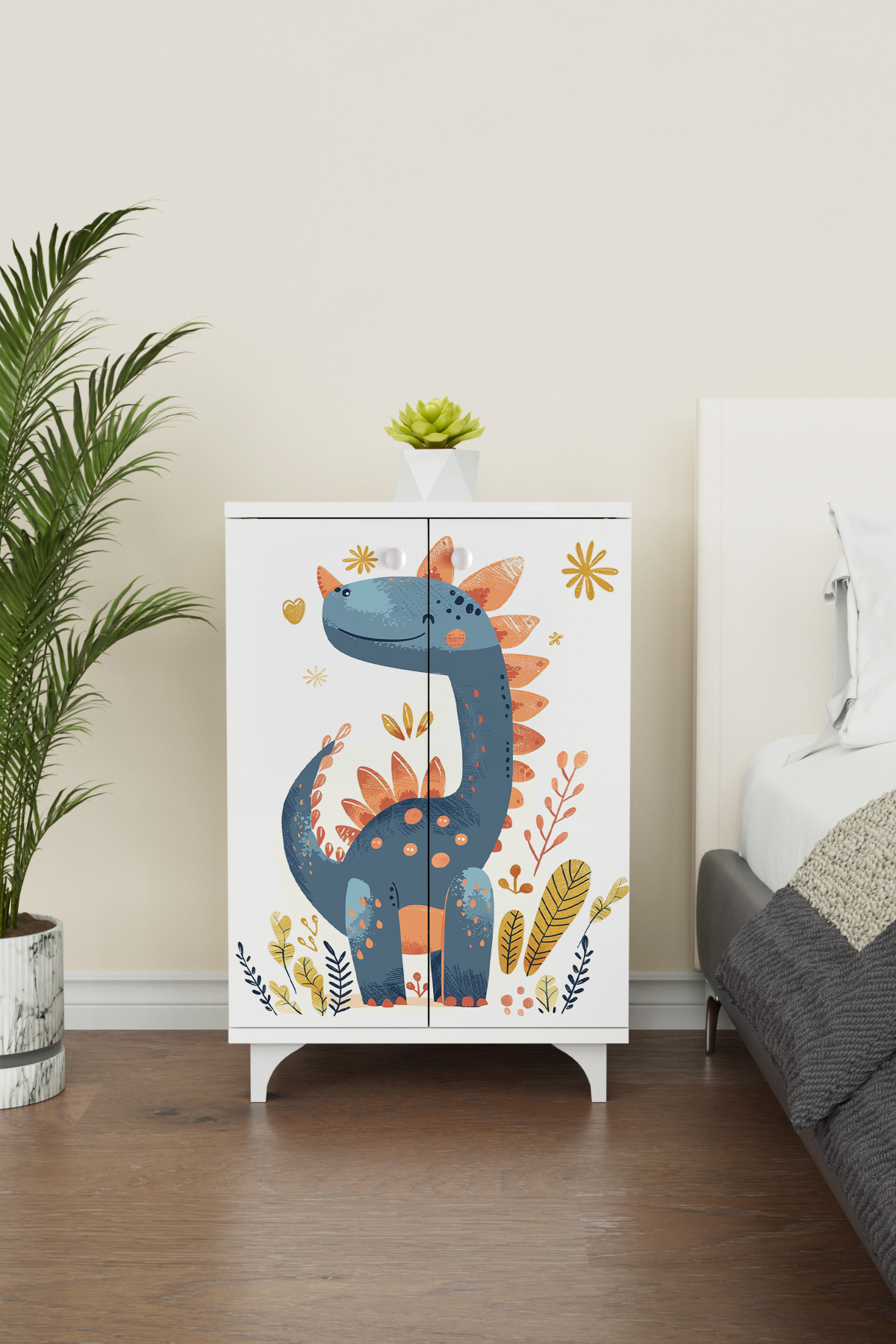 Hediyeler Kapında Minik Dino 2 Raflı Çocuk Odası Dolabı Çok Amaçlı Baskılı Oyuncak Dolabı fotoğrafı 3 (önizleme)