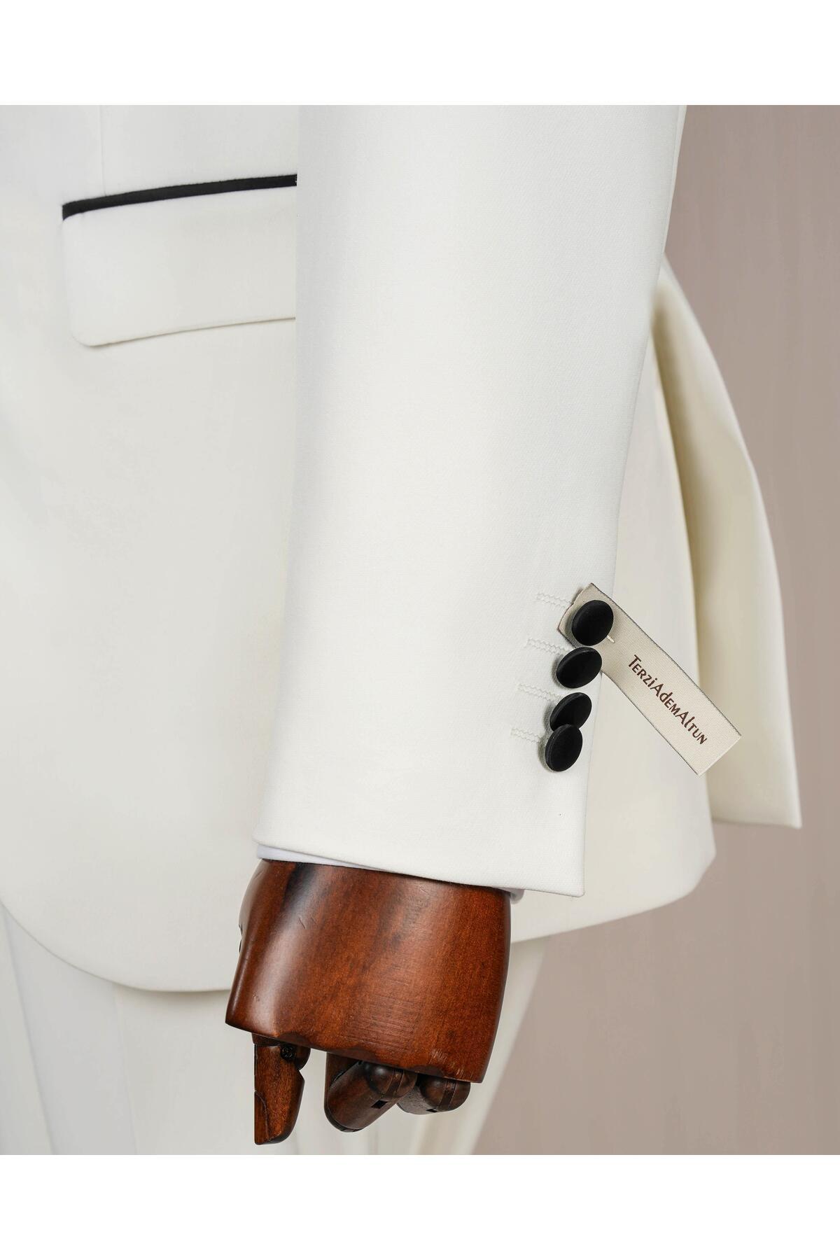 TerziAdemAltun-Ecru Slim Fit Italian Cut Pointed Collar Jacket and Trousers Set - T12221 7