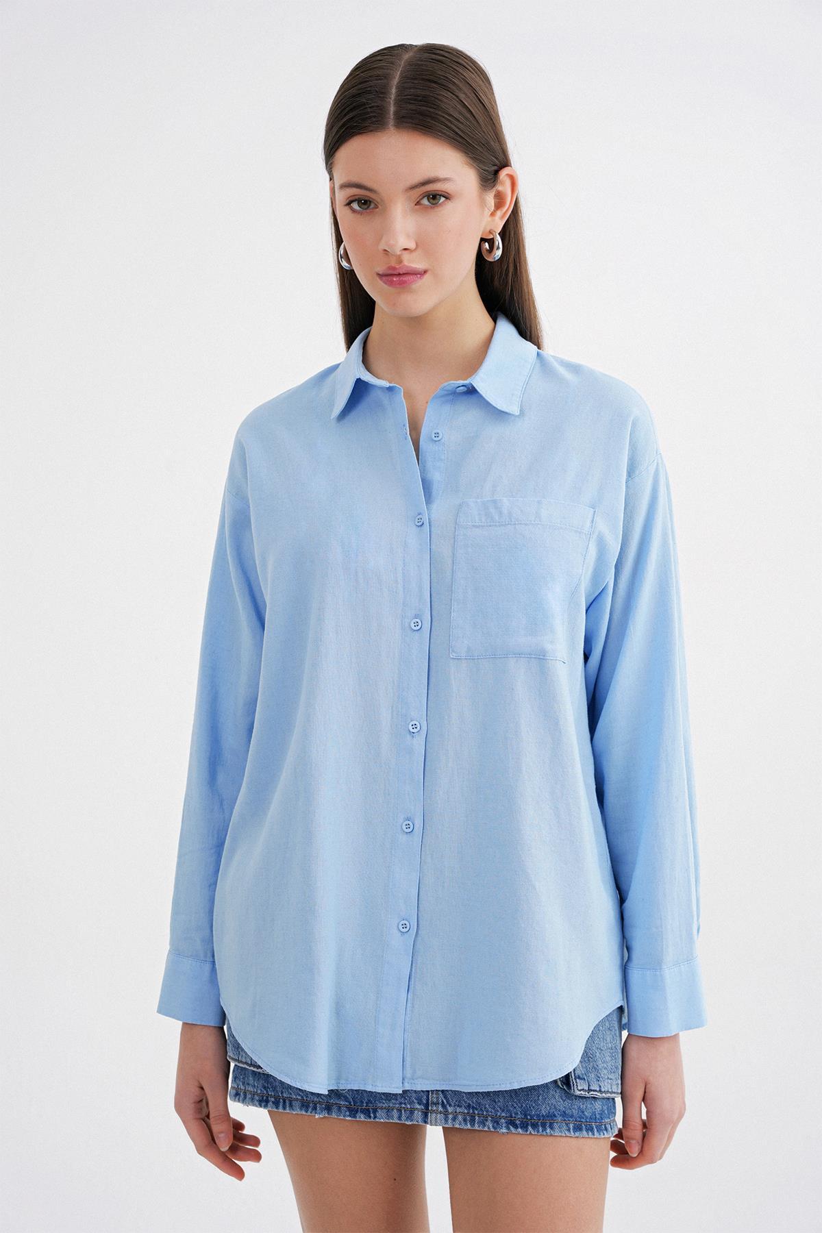 Mixray  4670 Kadın Cepli Oversize Basic Keten Gömlek Bebe Mavi - Görsel 5