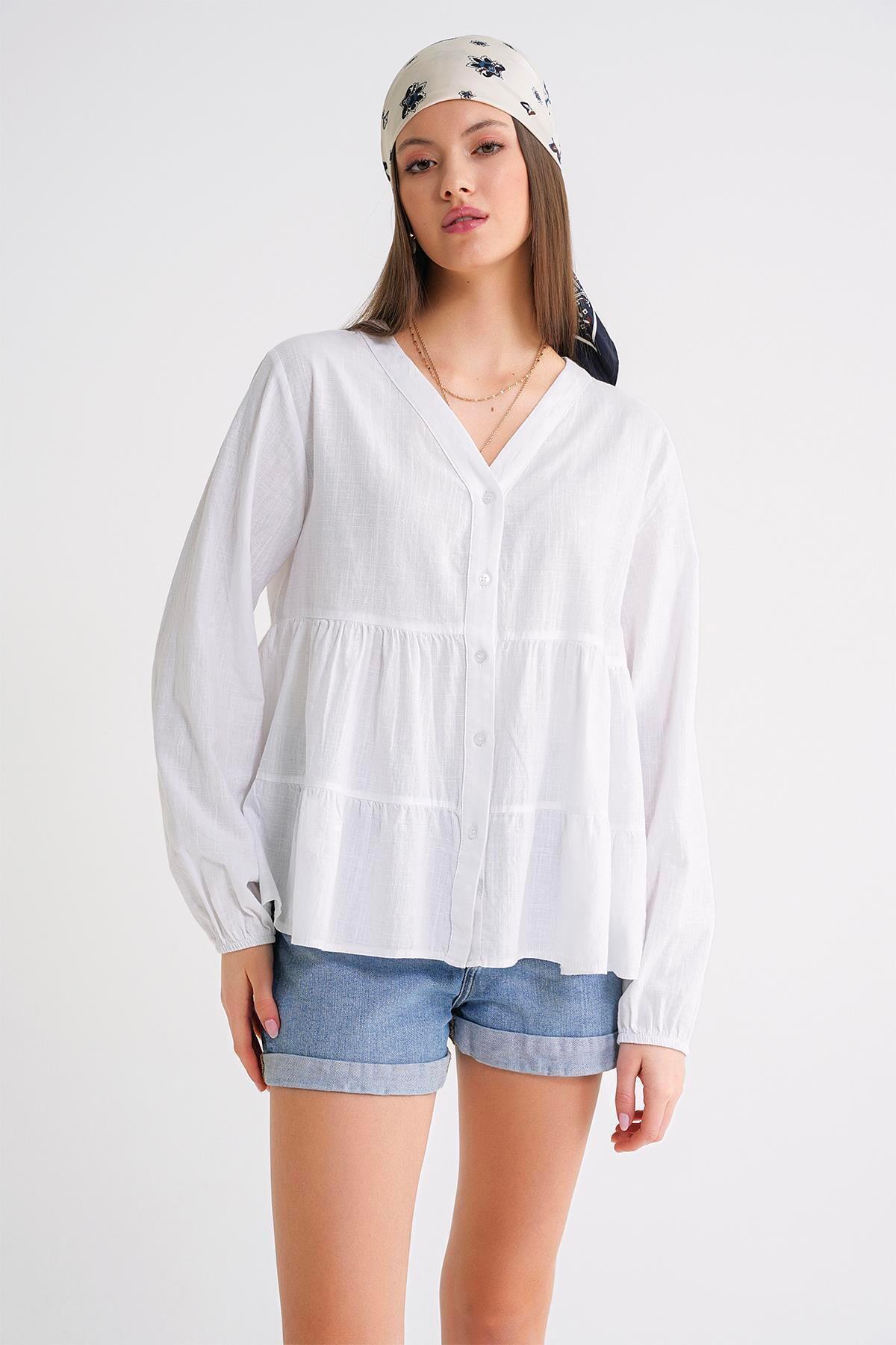 Mixray  4637 Kadın Katlı V Yaka Yazlık Keten Gömlek Beyaz - Görsel 4