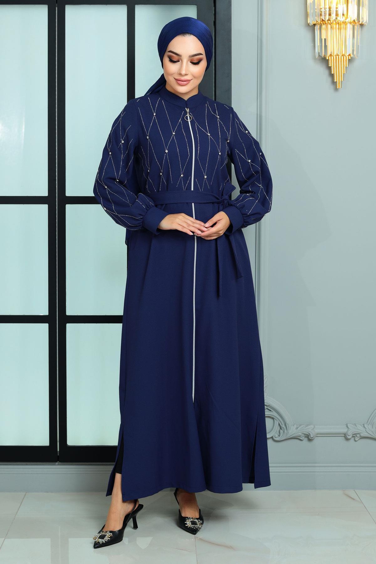 Modamihram-Indigo Ferace - Stone Detailed, Model 19161 3