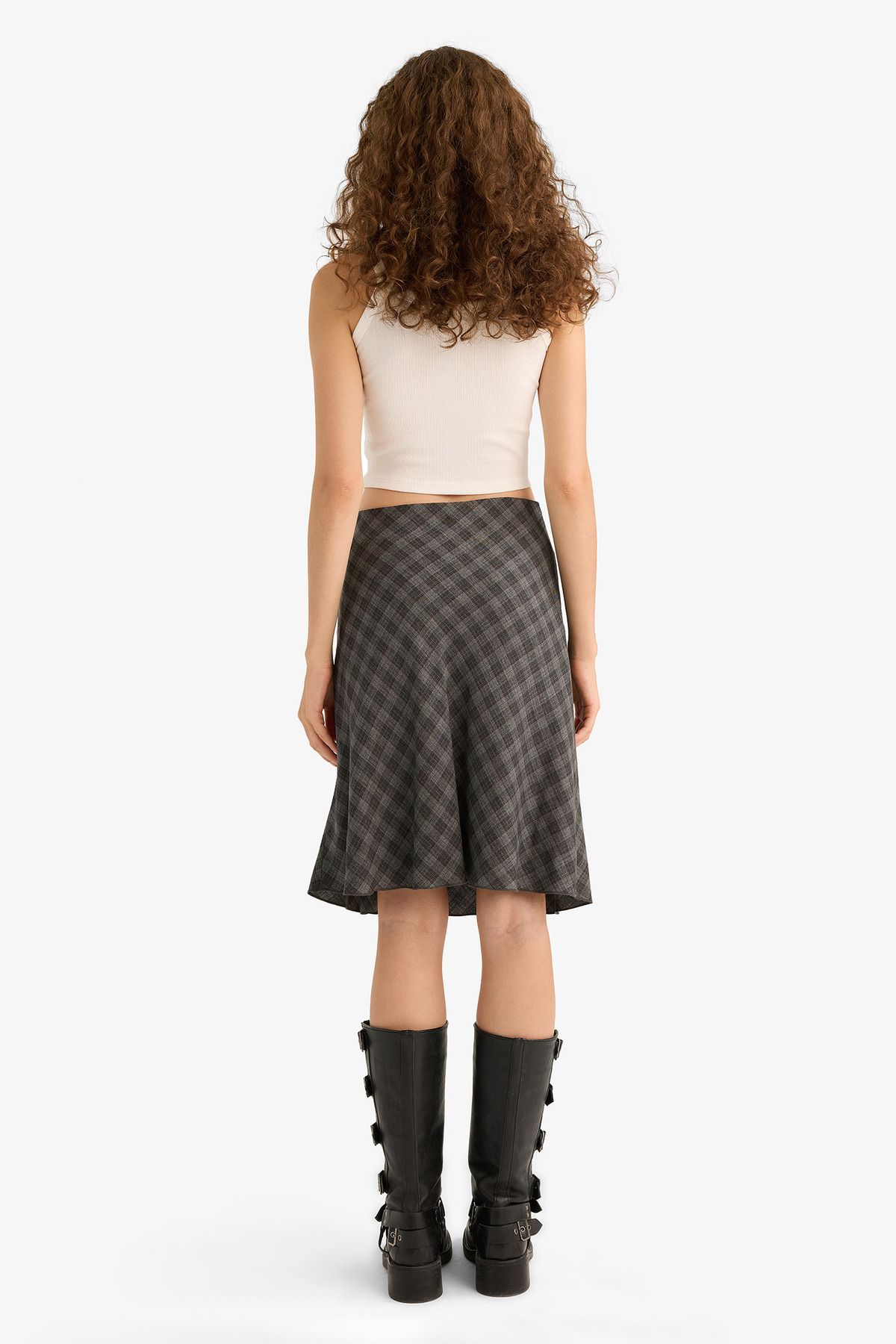 DeFacto-A Form Checked High Waist Viscose Midi Skirt F7806Ax25Au 6