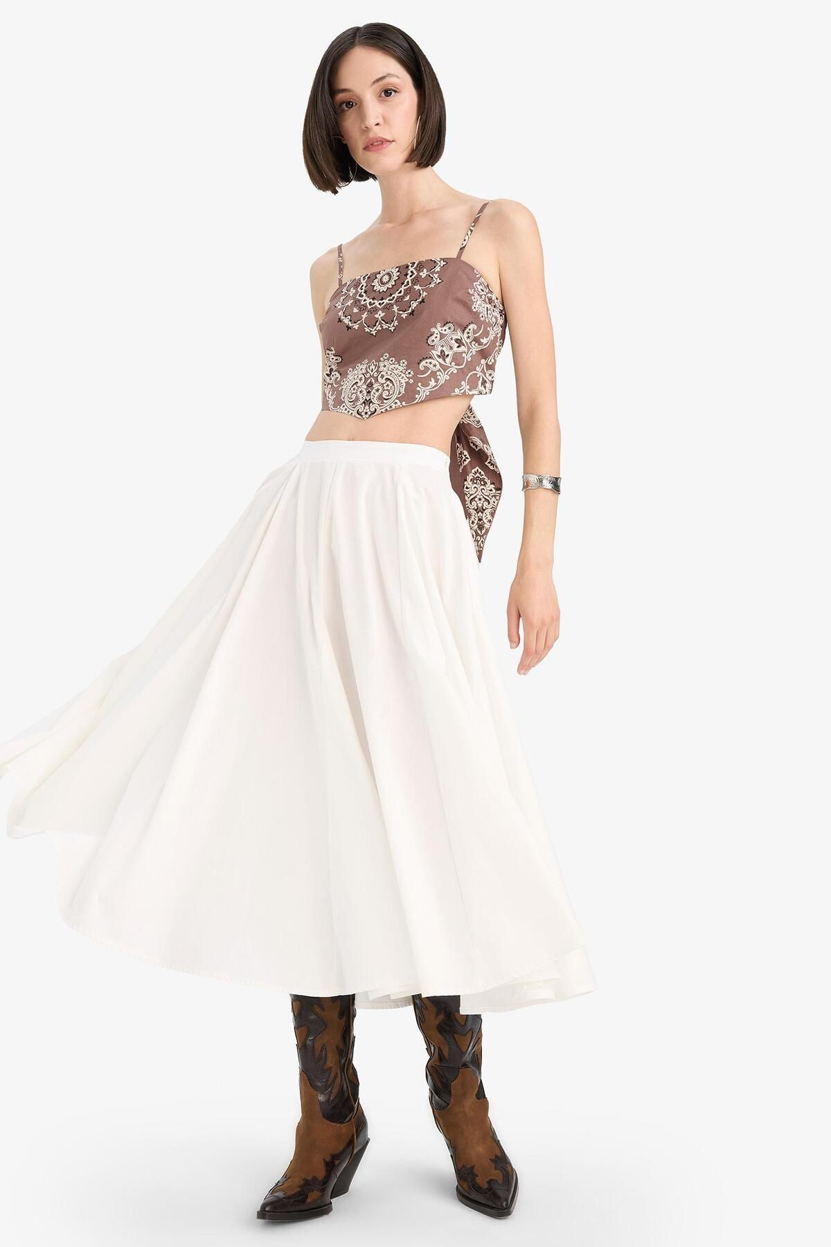 DeFacto-Afra X Defacto A-Line Regular Waist Lined Poplin Maxi Skirt F7388Ax25Sm 6