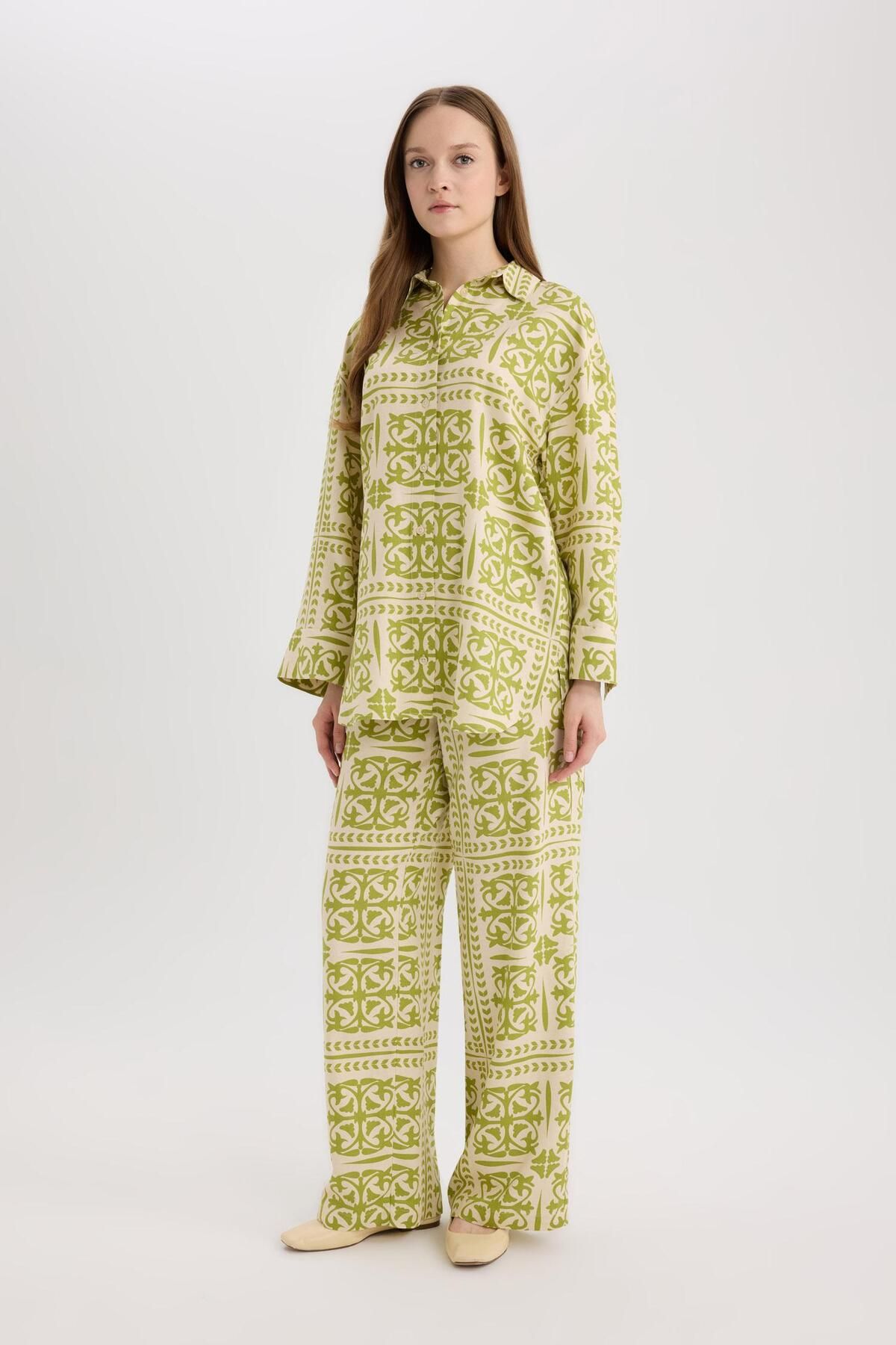 DeFacto-Wide Leg Patterned Elastic Waist Linen Blend Wide Leg Pants D8188Ax25Sp 3