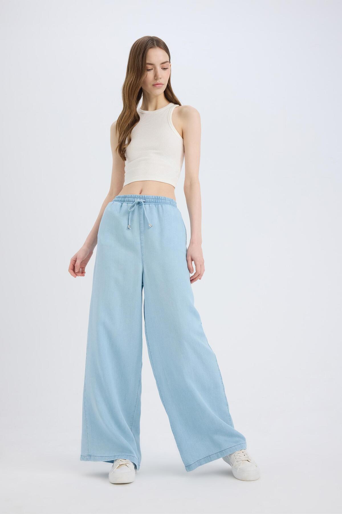 Pull On Wide Leg Yüksek Bel Düz Paça Yumuşak Jean Yıkamalı Pantolon D8234AX25SM