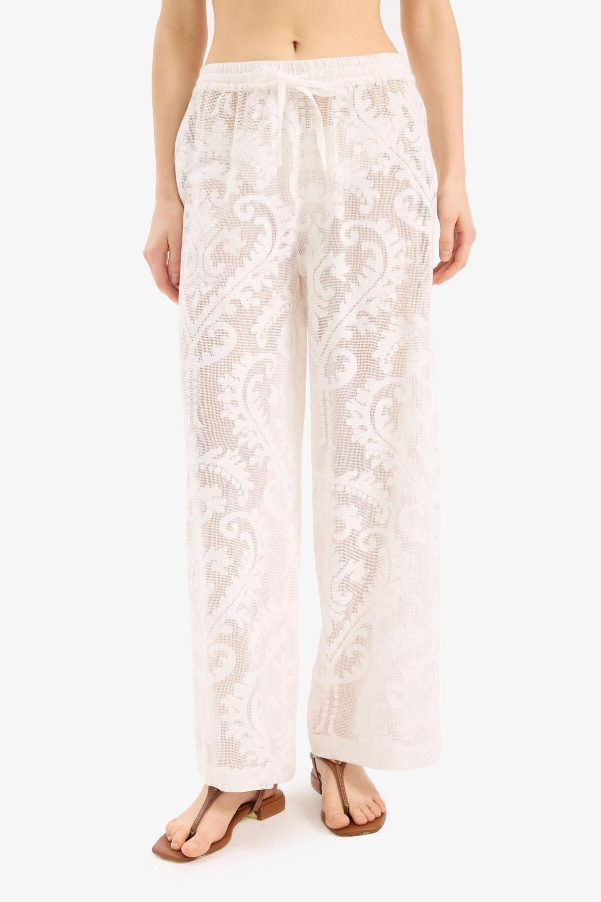 DeFacto-White Beach Pants with Lace and Elastic Waist-Fall in Love D9767Ax25Sm 4