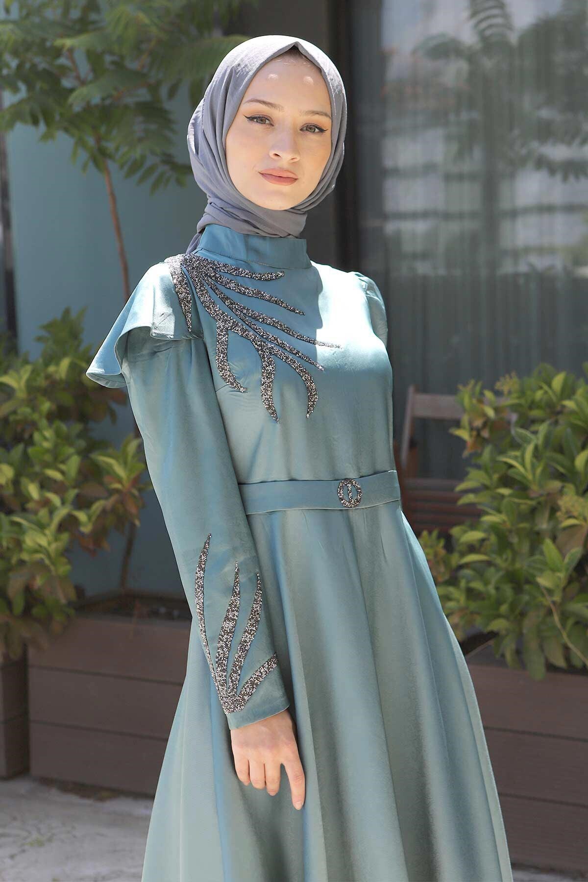 Modamihram-Abendkleid mit Stoned Burnout-Muster Mint 11403 2